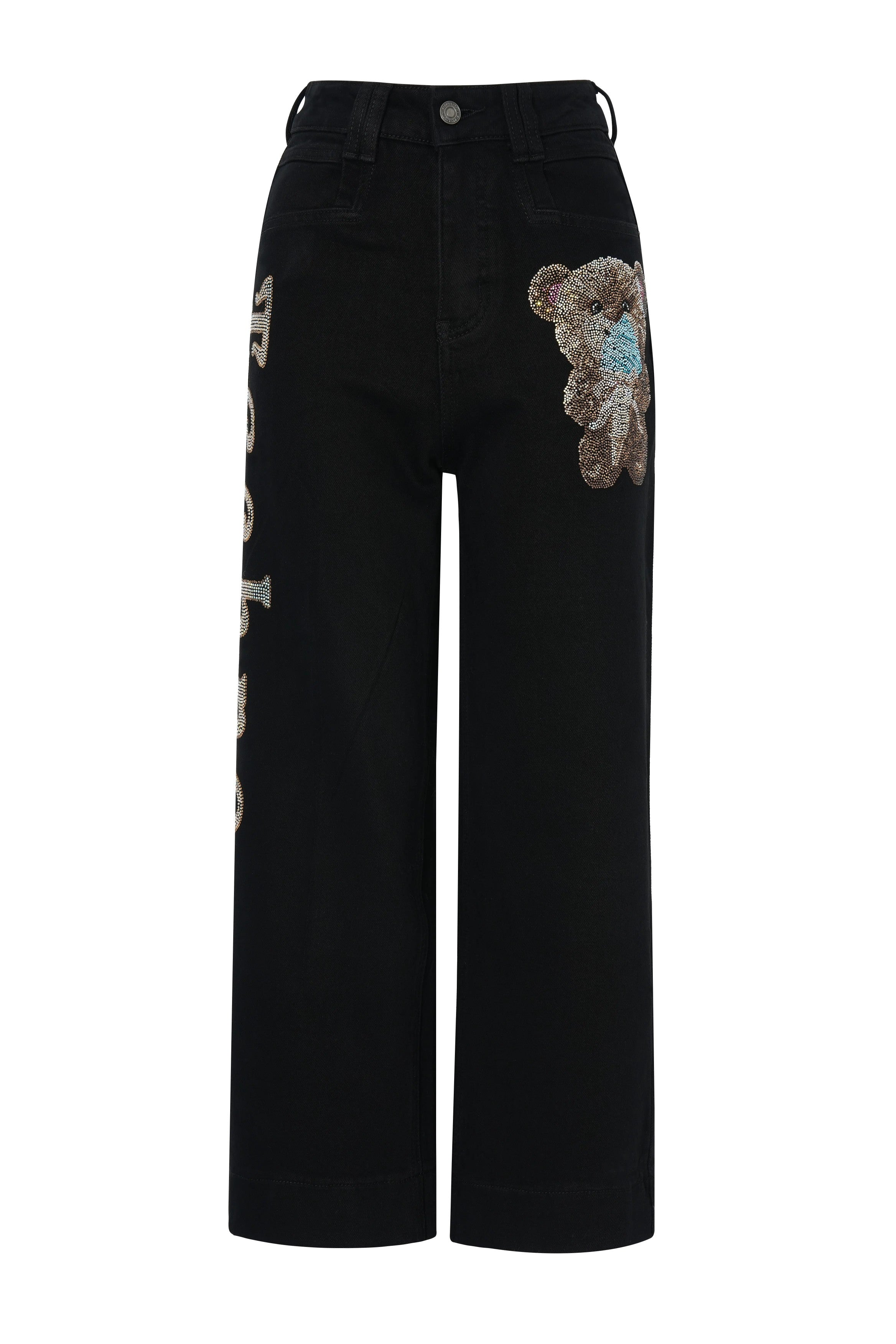 Black jeans with a teddy bear patch on a white background, TCH Rhinestone Teddy Bear & Techno Black Denim Jeans