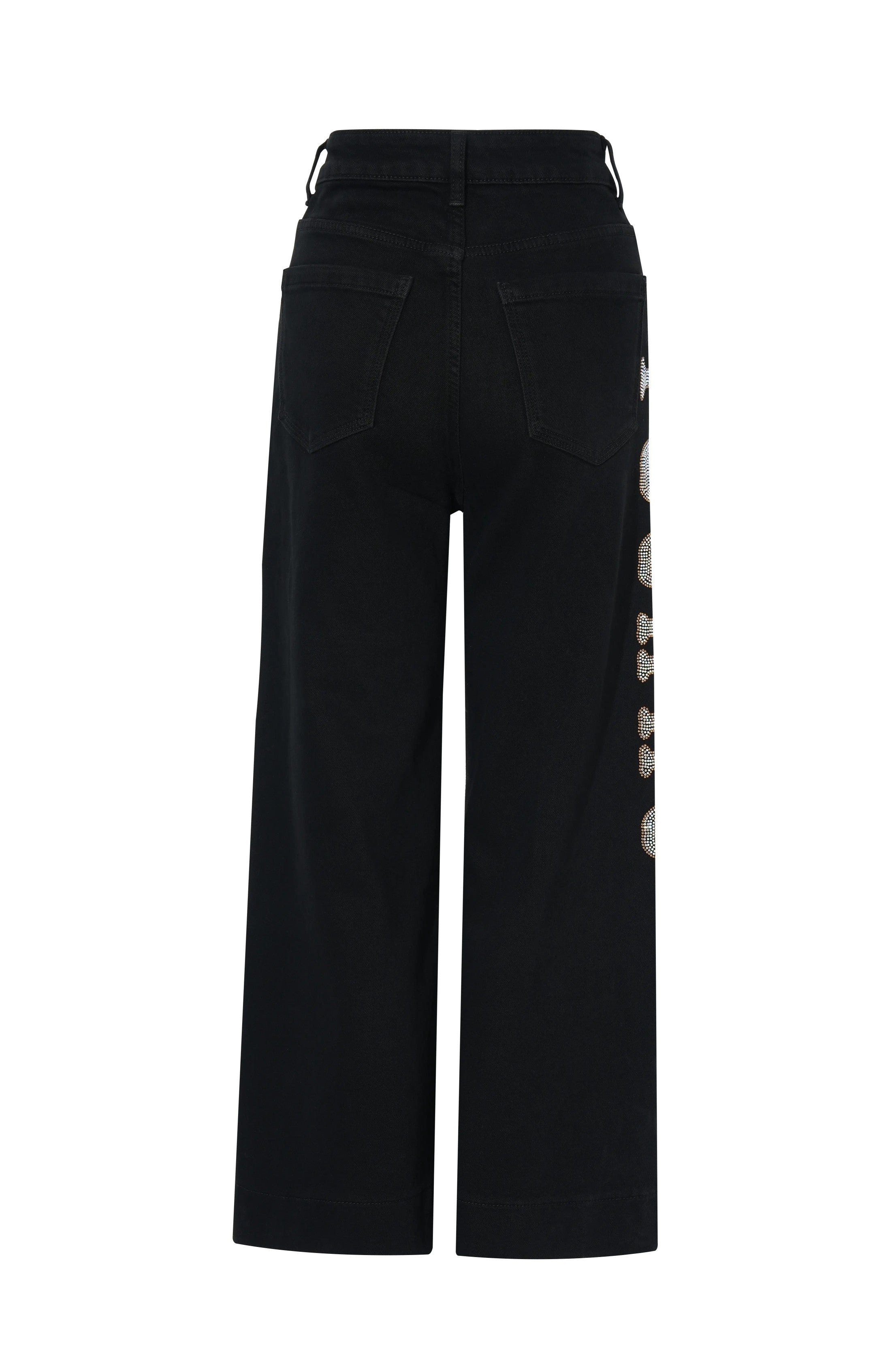 Dark gray pants on a hanger against a white background, TCH Rhinestone Teddy Bear & Techno Black Denim Jeans