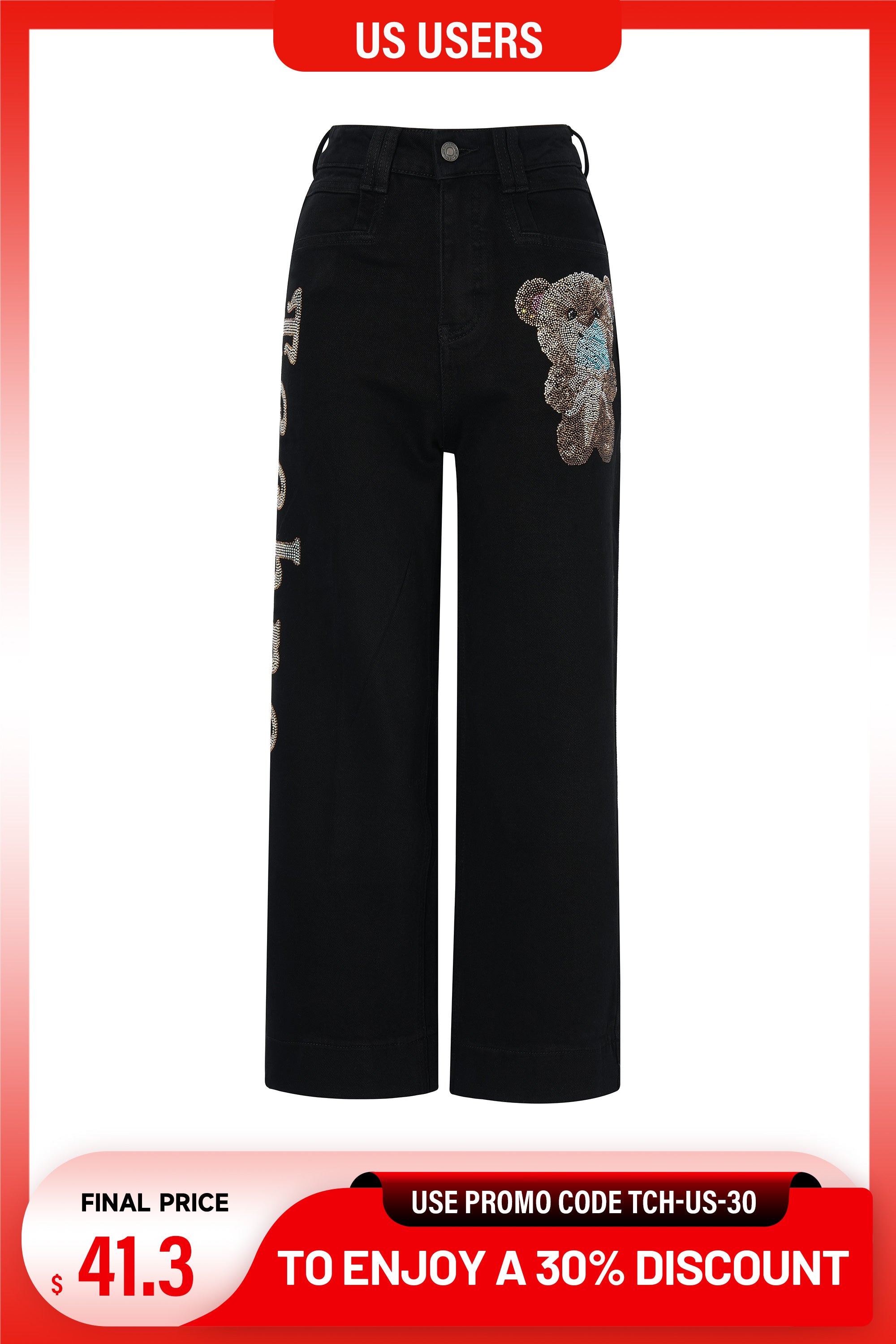 Black jeans with floral patches on a white background, TCH Rhinestone Teddy Bear & Techno Black Denim Jeans
