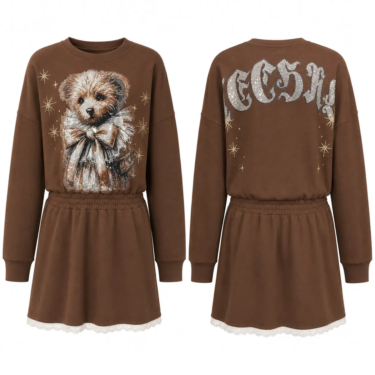 A brown long-sleeve dress shown from the front and back. The front features a graphic of a small dog wearing a bow tie with sparkly details, while the back displays the word 'BEACH' in a glittery silver gothic font with matching sparkles. TCH Rhinestone Teddy Bear Techno Sweatshirt Dress
