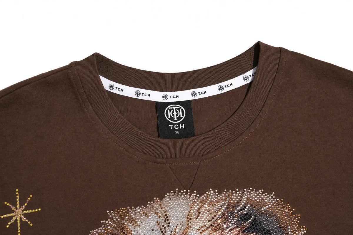 Close-up of a brown crewneck sweatshirt featuring a sparkling firework graphic on the front and a black neck label with the TCH logo. TCH Rhinestone Teddy Bear Techno Sweatshirt Dress
