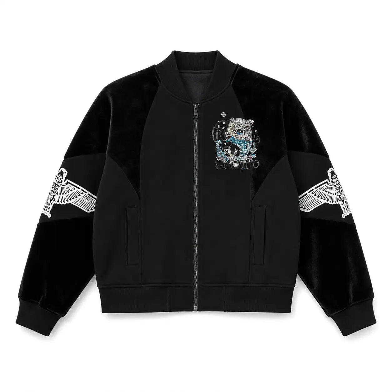 A black zip-up bomber jacket featuring a velvet texture on the body and sleeves, with a graphic print of a bear wearing a blue bandana on the left chest and white wing designs on both sleeves. TCH Rhinestone Teddy Bear Wing Sleeve Bomber Jacket