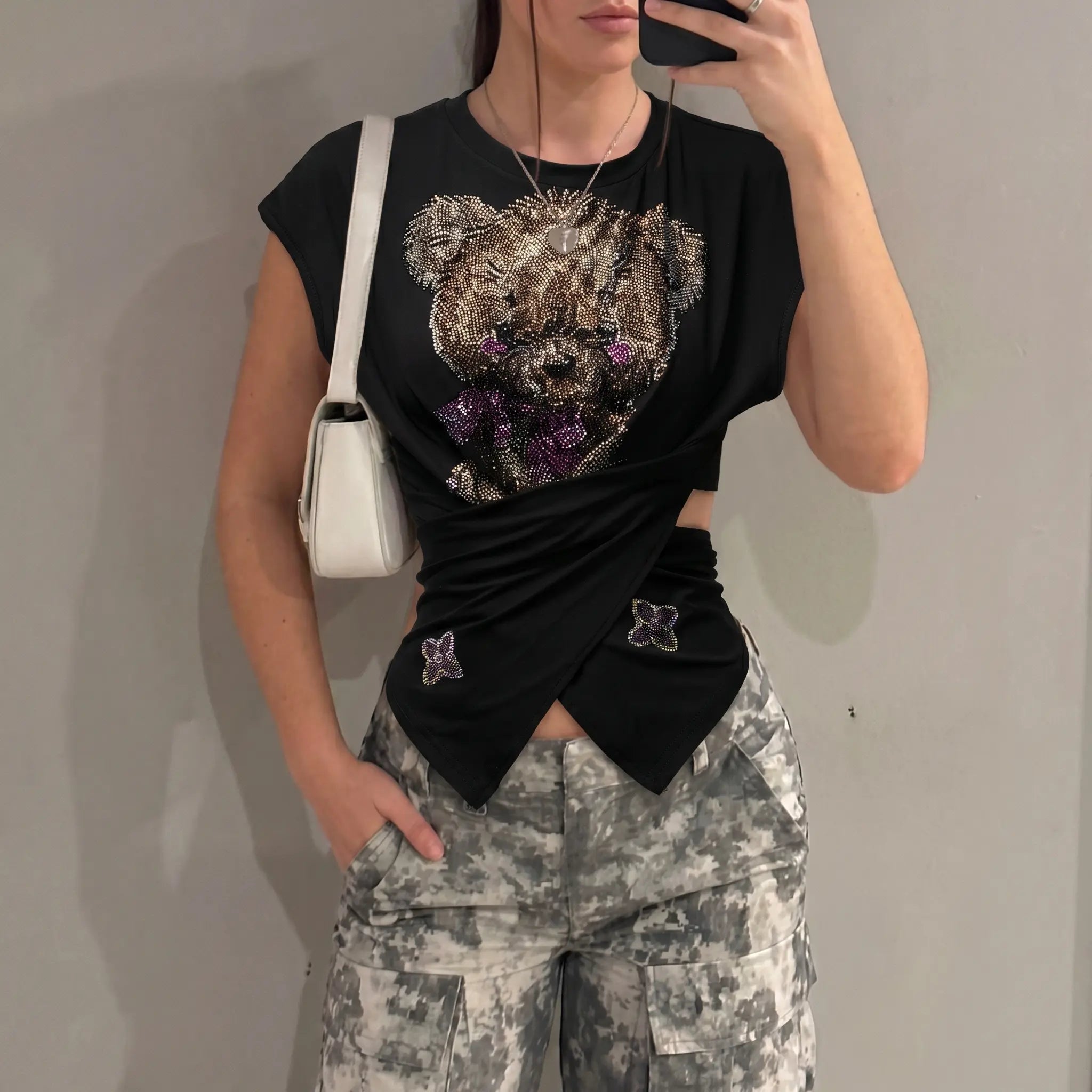TCH Rhinestone Teddy Bow Wrap Crop Top Luxury Streetwear Brand Official Showcase