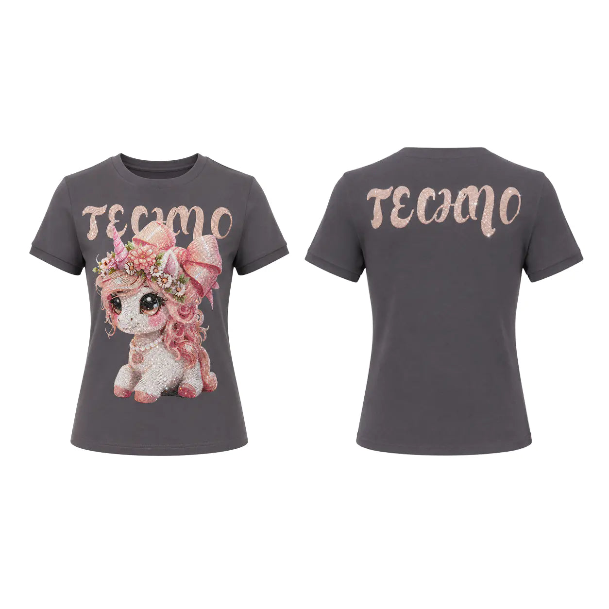 A dark gray short-sleeve t-shirt shown from both front and back views. The front features a cute pink and white cartoon unicorn with a floral crown and the word 'TECHMO' above it. TCH Rhinestone Unicorn Graphic Charcoal T-Shirt