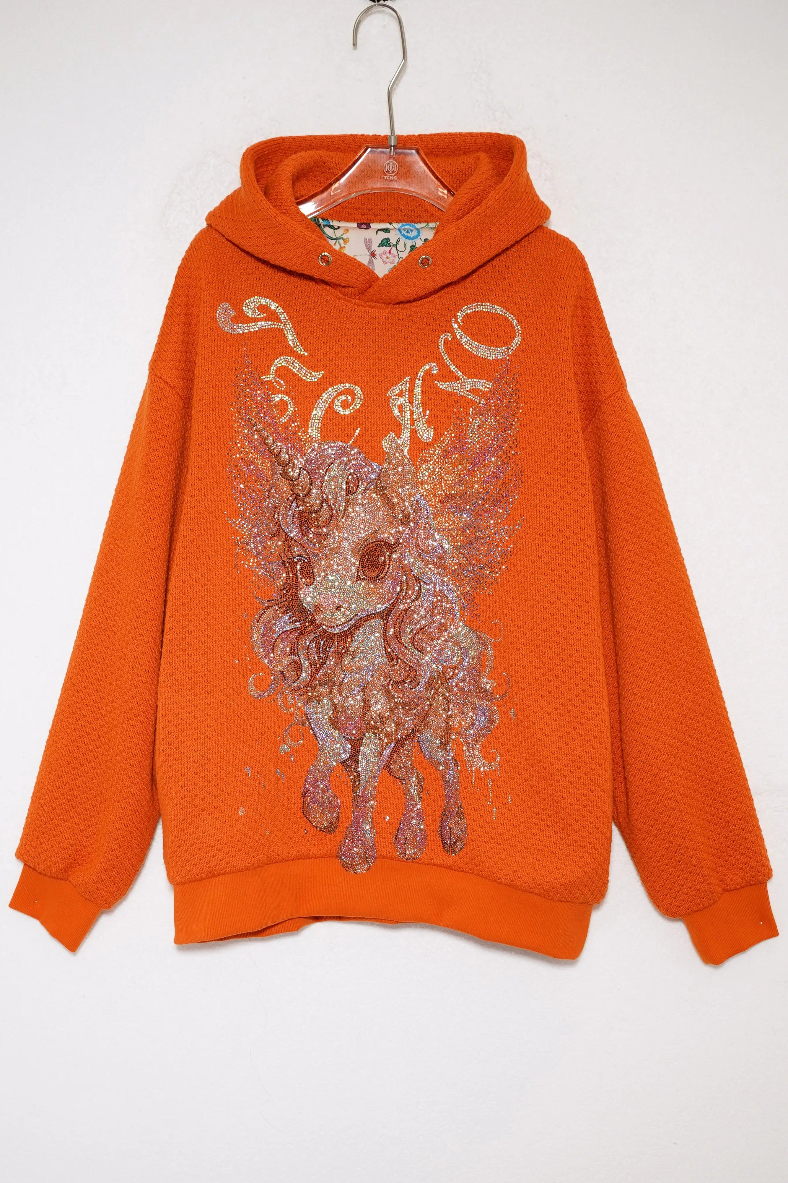 Orange hoodie with a graphic design on a white background, TCH Rhinestone Unicorn Orange Hoodie