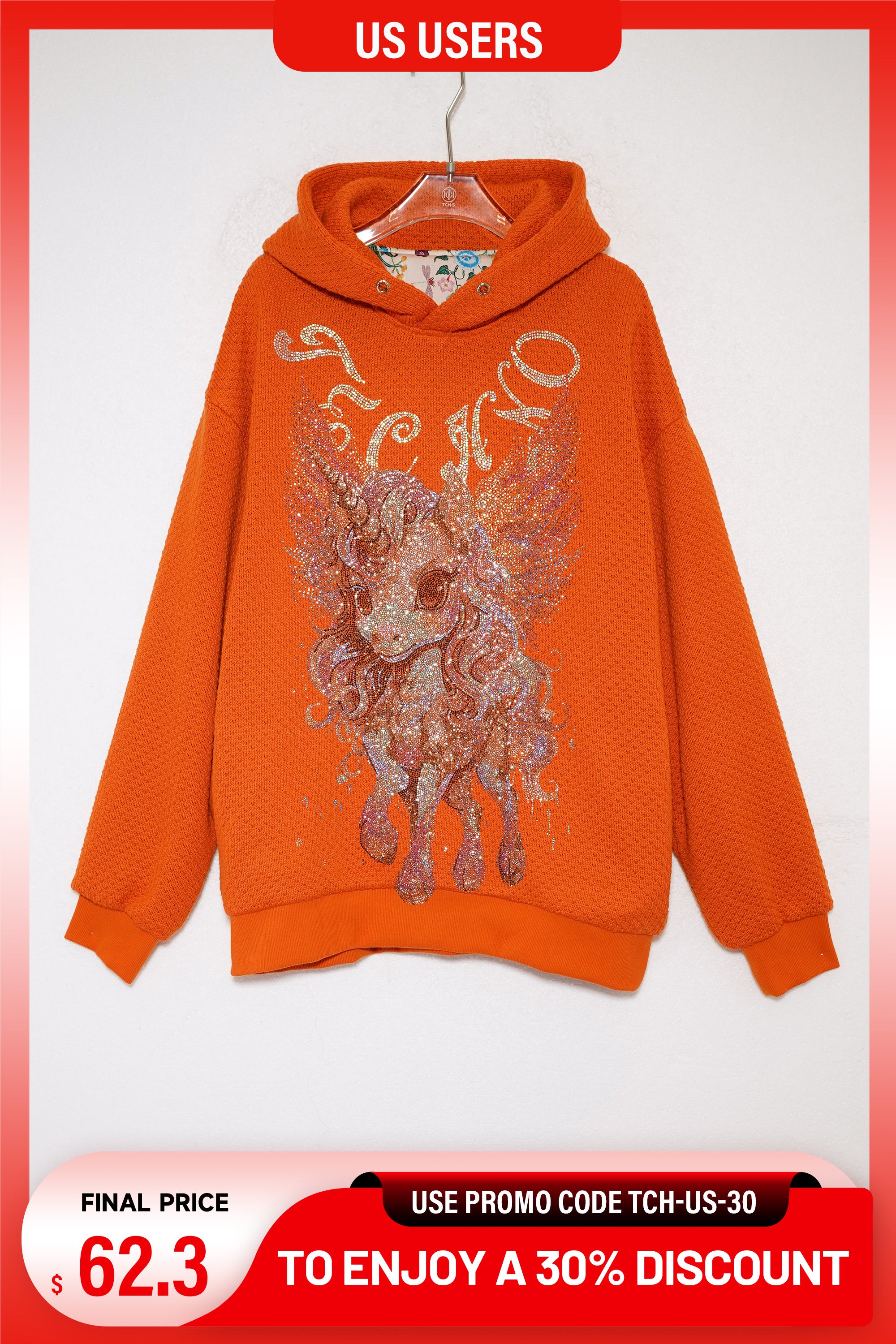 Pink jeans with embroidery on a white background, TCH Rhinestone Unicorn Orange Hoodie