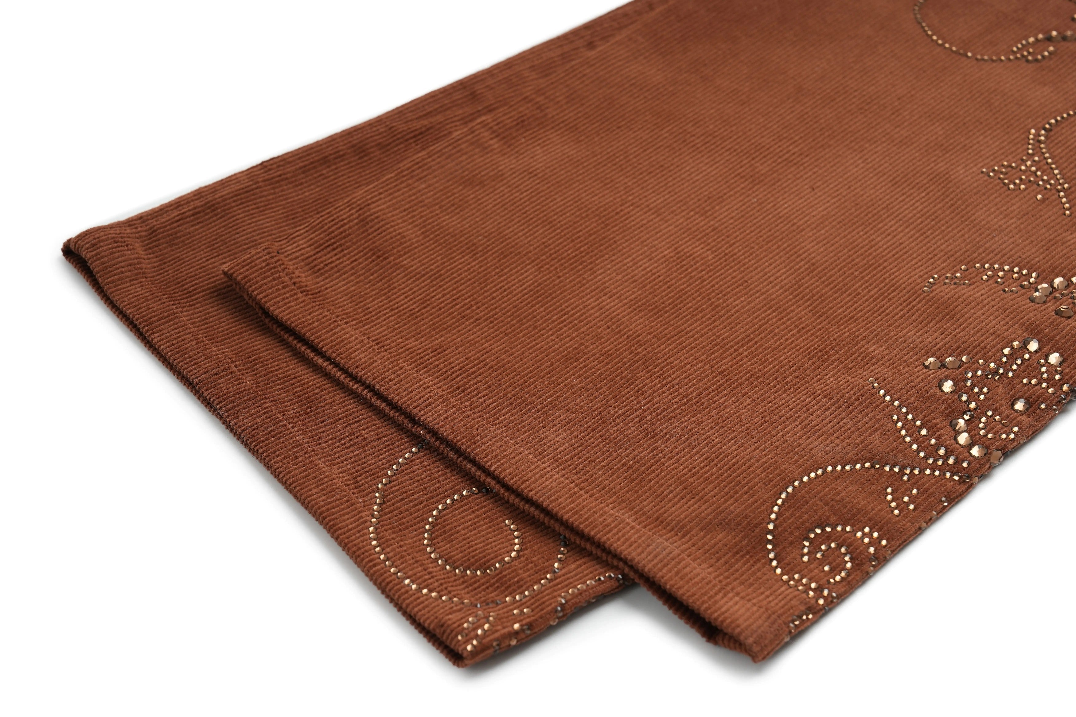 Brown fabric with decorative patterns on a white background, TCH Rhinestone Vine Brown Denim Jeans