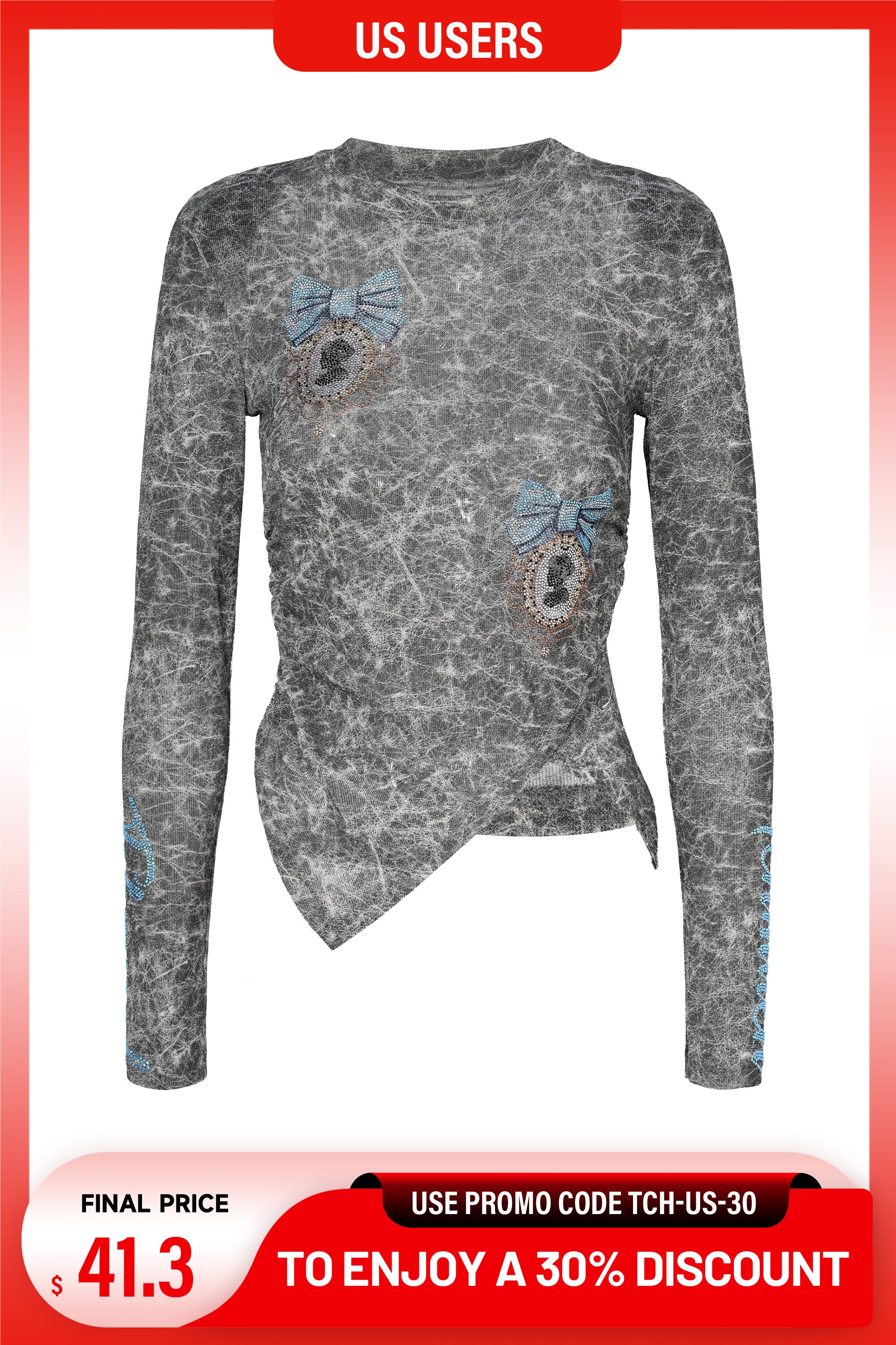 Gray long-sleeve top with decorative elements on a white background, TCH Rhinestone Web Mirror Slim-Fit Long Sleeve Tee
