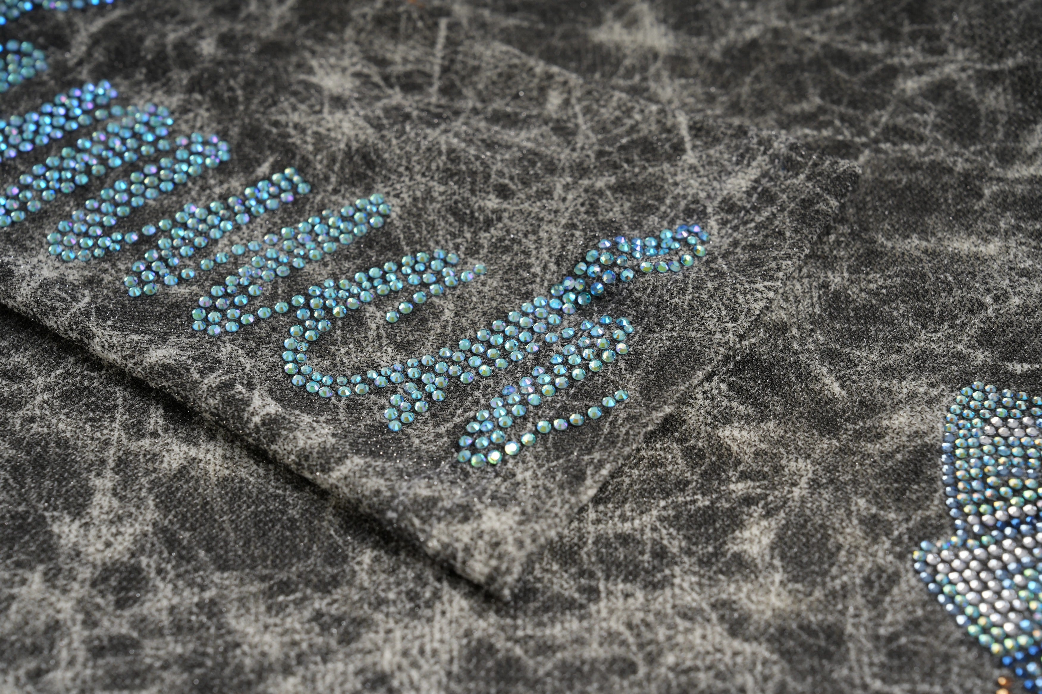 Textured fabric with blue rhinestone embellishments on a dark background, TCH Rhinestone Web Mirror Slim-Fit Long Sleeve Tee
