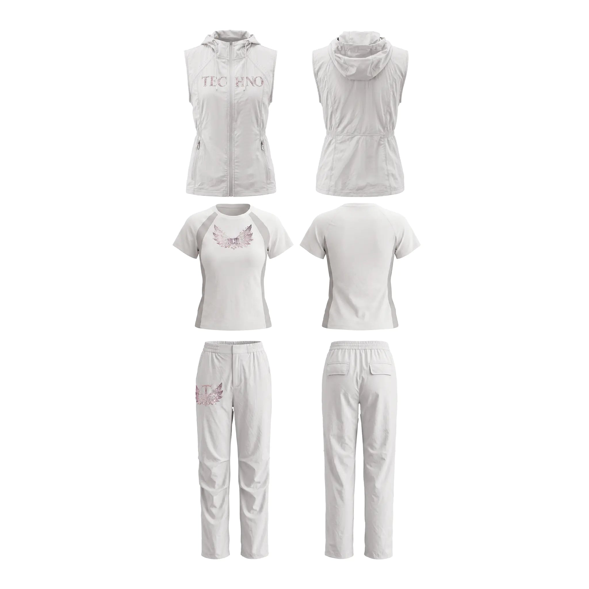 A women's athletic three-piece set shown from multiple angles (front and back views) on a plain white background. The set includes a sleeveless zip-up hooded vest with 'TEC PINO' printed on the chest, a short-sleeve athletic top with a pink butterfly graphic on the front, and matching light gray athletic pants. TCH Rhinestone Wing Active 3-Piece Tracksuit Set