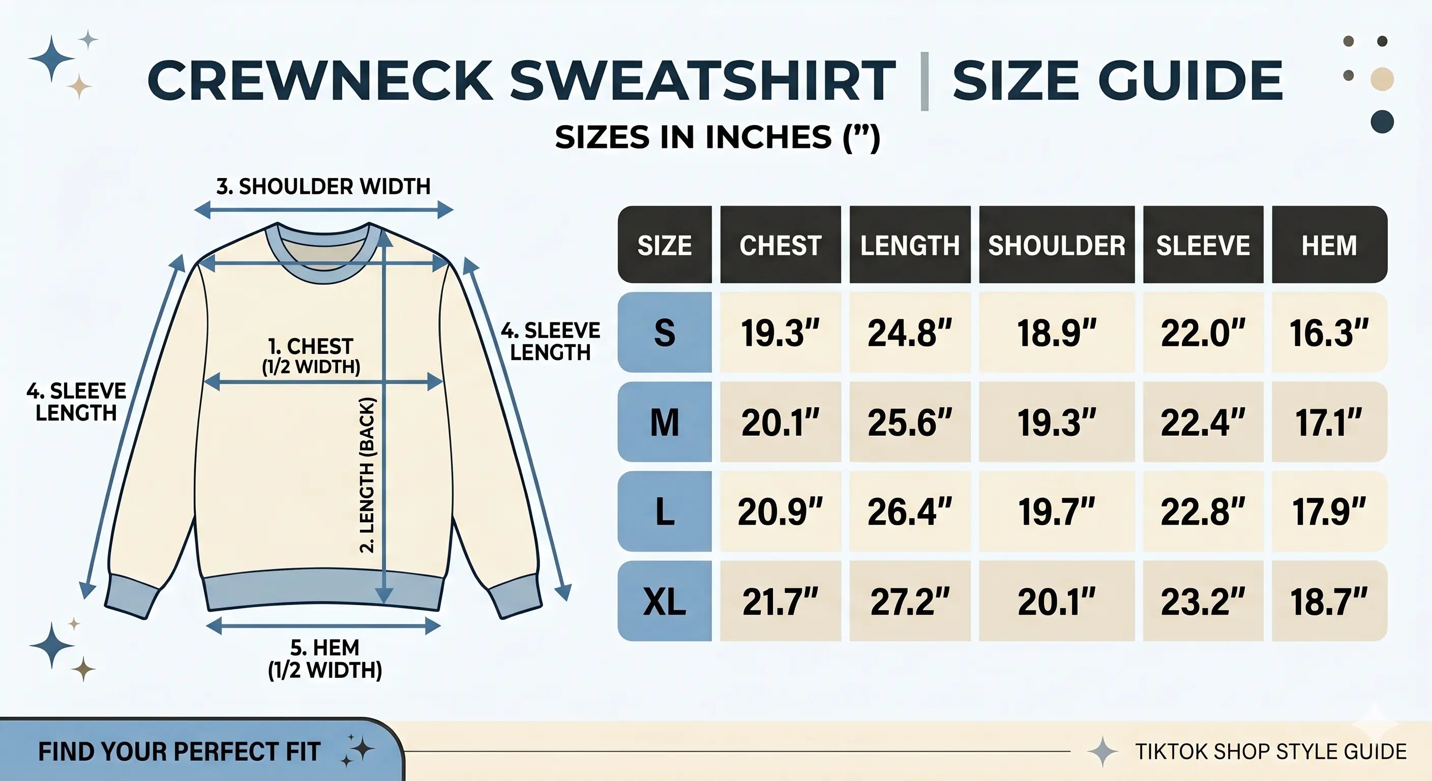 Crewneck sweatshirt size guide with measurements in inches, TCH Rhinestone Wing Black Crewneck Sweatshirt