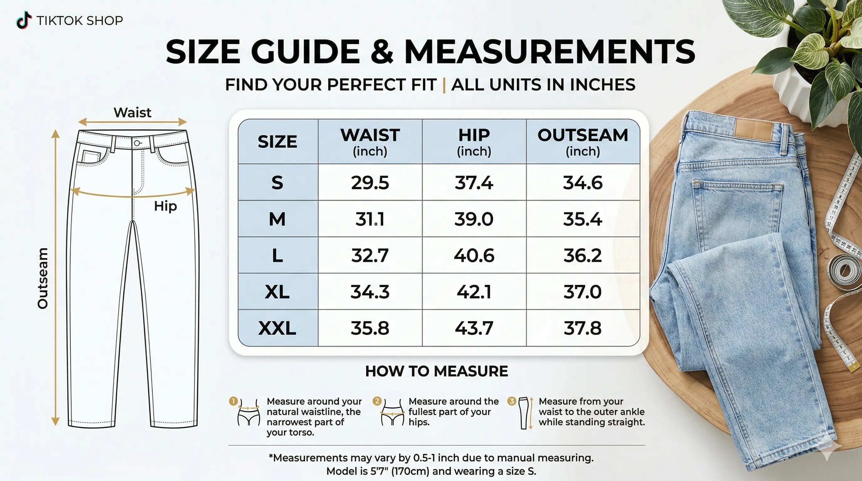 Size guide and measurements for jeans with a table and plant in the background, TCH Rhinestone Wing Camo Jogger Pants