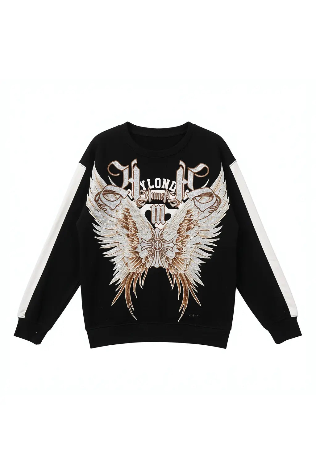 Black sweatshirt with a large white eagle design on a white background, TCH Rhinestone Wing M Embroidered Sweatshirt