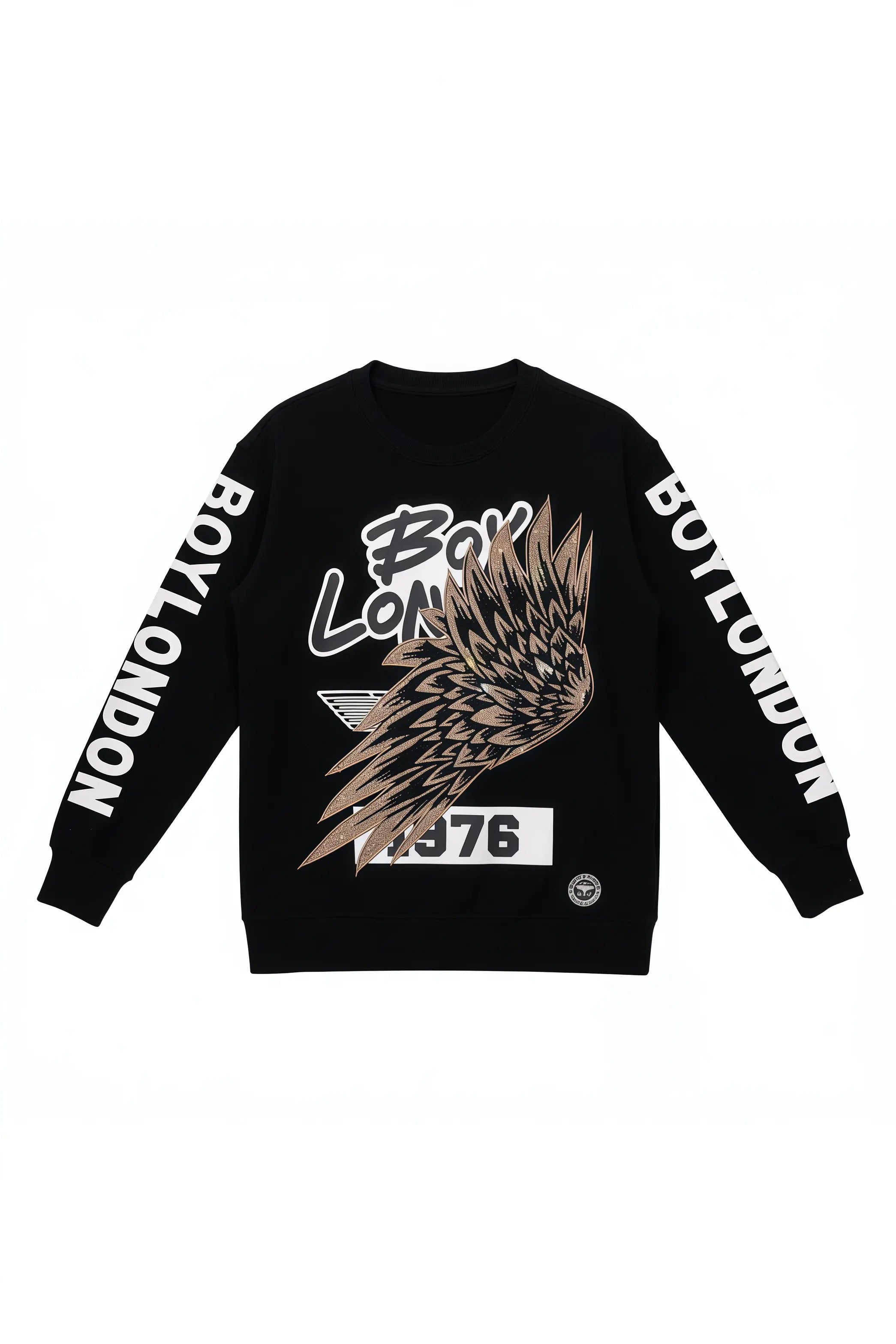 Black sweatshirt with 'Boy London' branding and wing design on a white background, TCH Rhinestone Wing Overlay Sweatshirt