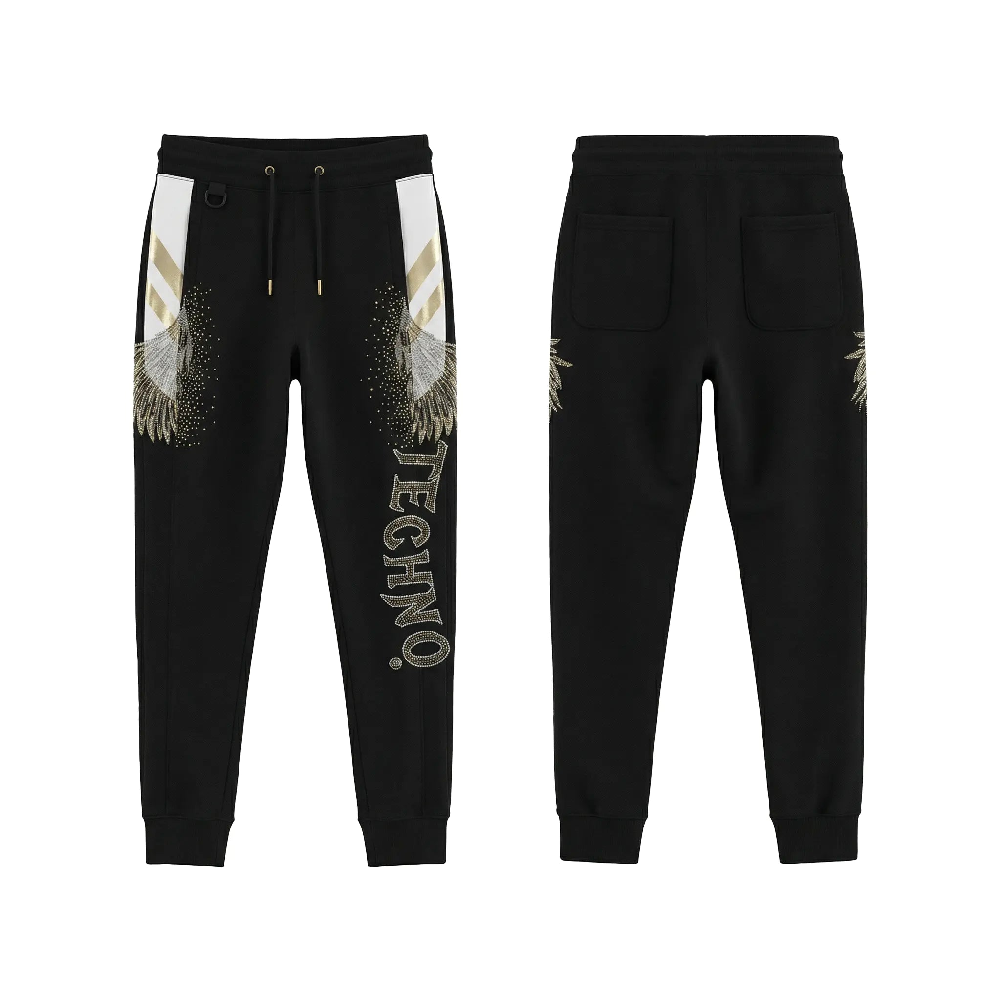 Black jogger pants with white and gold accents on a white background, TCH Rhinestone Wing Techno Jogger Pants