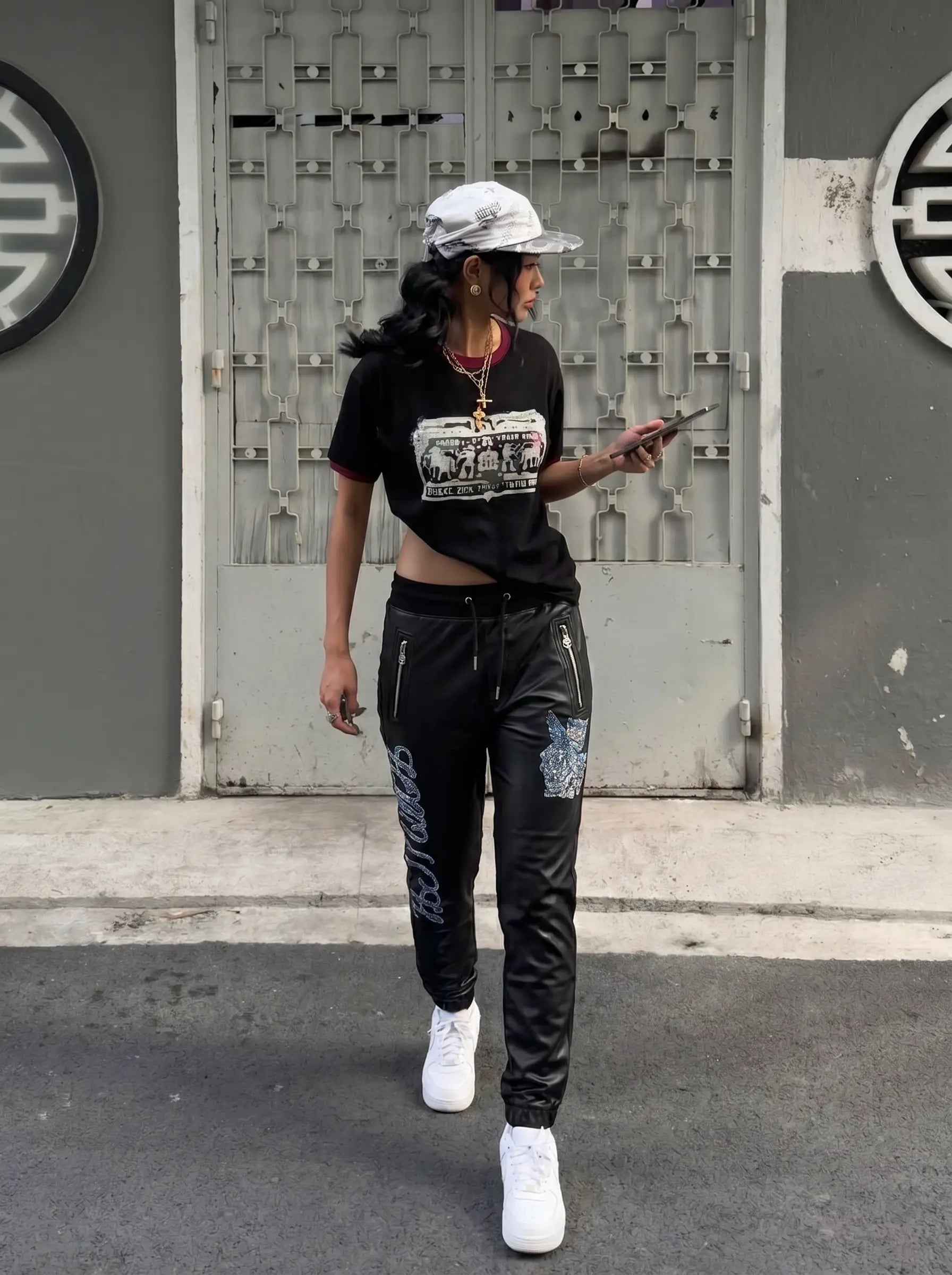 A person walking outdoors in front of a gray metal gate, wearing a black cropped graphic T-shirt, black pants with white graphic prints, a white cap, and white sneakers. TCH Rhinestone Wing Teddy Faux Leather Jogger Pants