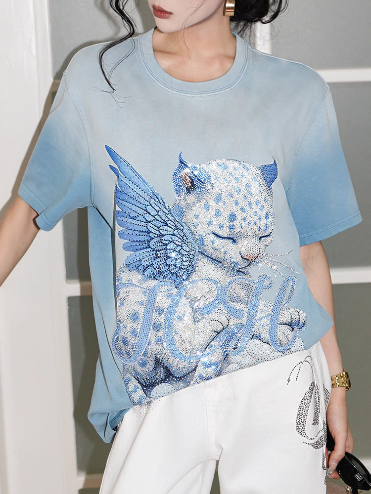 rhinestone winged leopard graphic t-shirt lightblue HighEnd Luxury Streetwear Brand Official Showcase