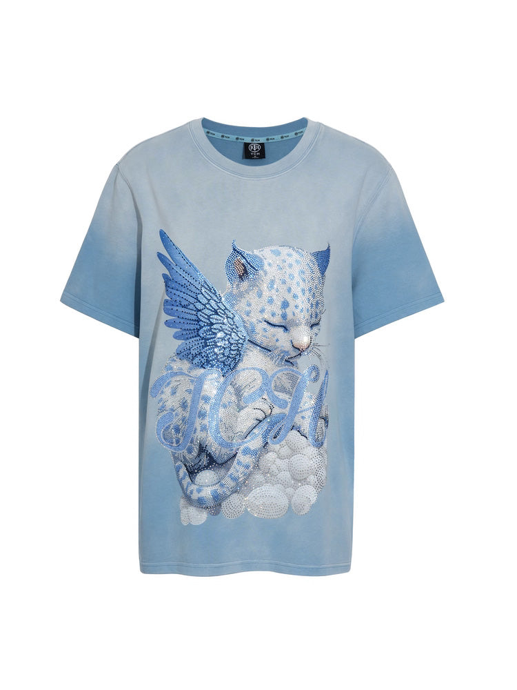 rhinestone winged leopard graphic t-shirt lightblue HighEnd Luxury Streetwear Brand Official Showcase