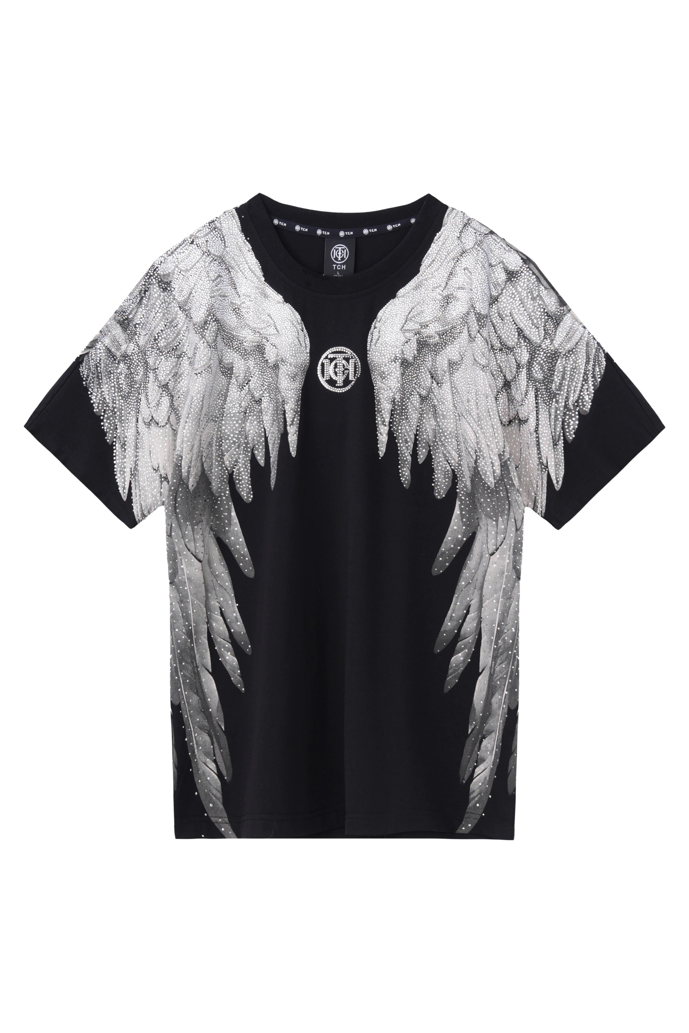 Black t-shirt with white angel wings design on a white background, TCH Rhinestone Wings Logo Black Graphic T-Shirt