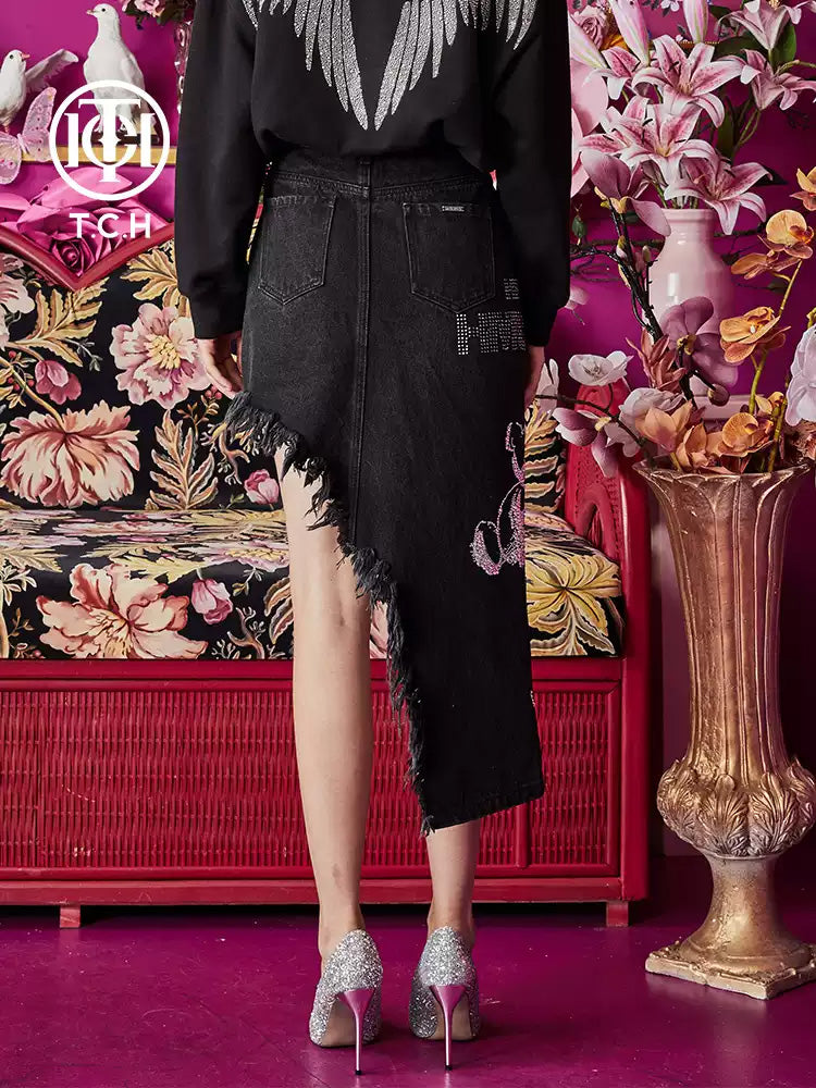 tch rhinestone workwear distressed asymmetric skirt black HighEnd Luxury Streetwear Brand Official Showcase