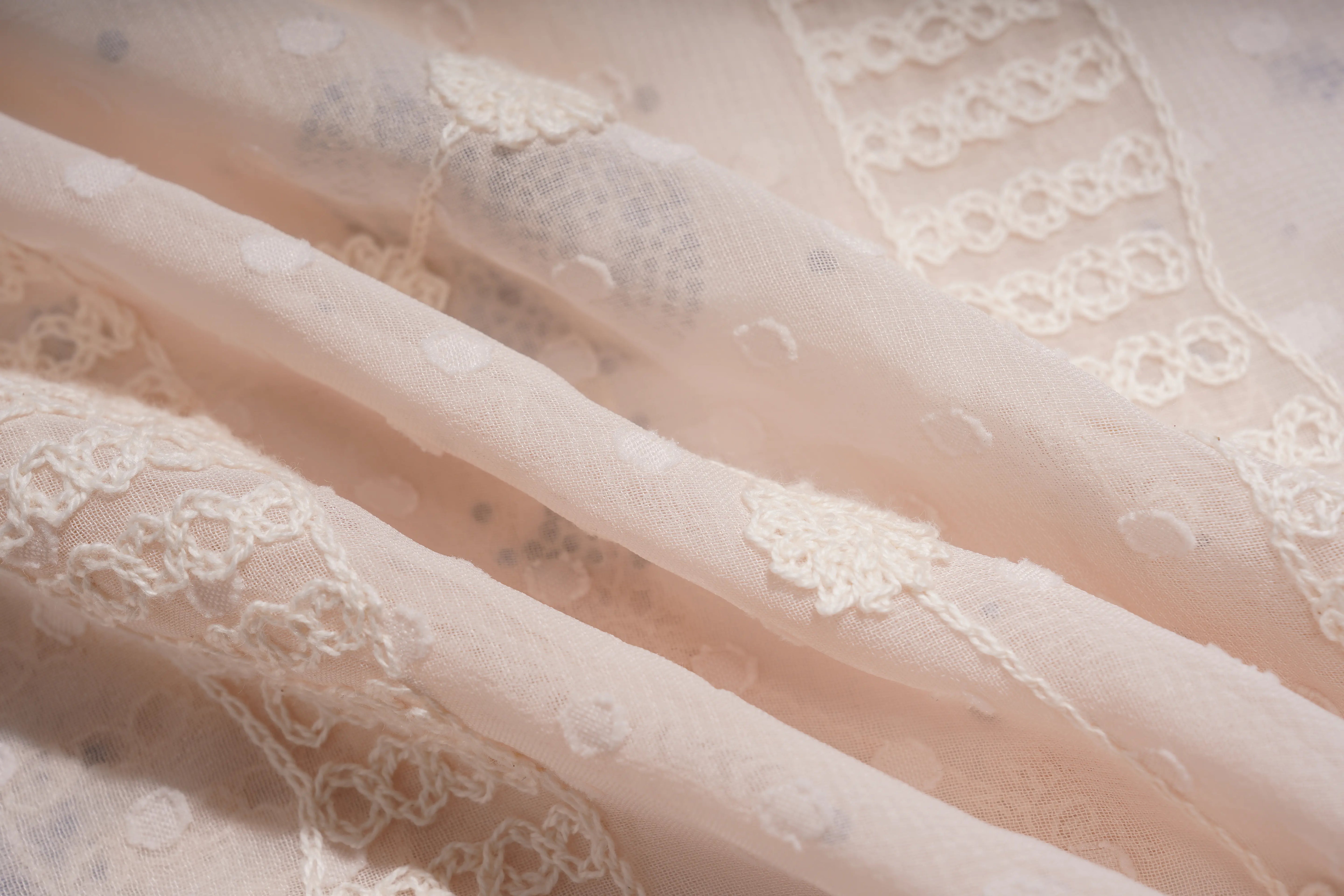 Close-up of a sheer blush pink fabric with white floral lace trim and small embroidered dots, draped in soft folds. TCH Sheer Rhinestone Angel Star Zip-Up Hoodie