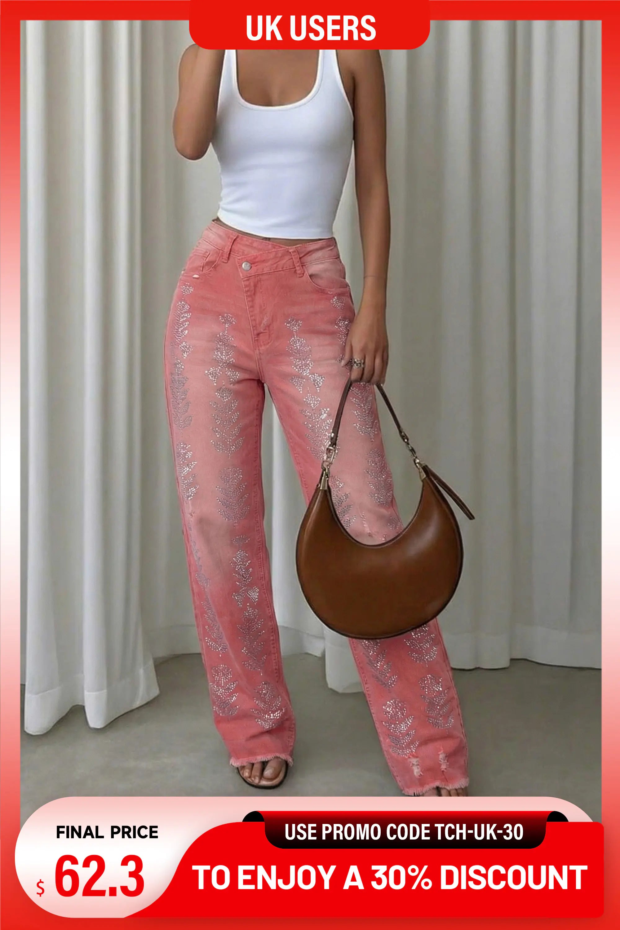 A model wearing pink floral wide-leg jeans, a white tank top, and holding a brown crescent handbag, set against a neutral curtain background with promotional text overlays. TCH Silver Bouquet Rhinestone Pink Denim Jeans