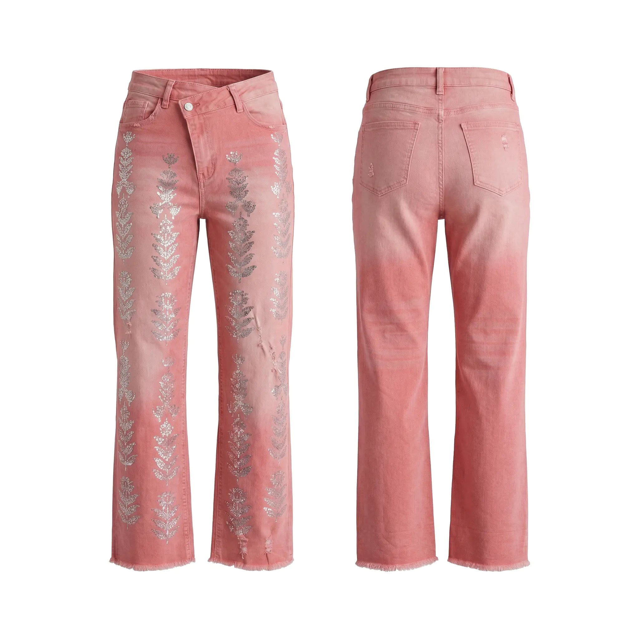 Pink jeans with floral embroidery on a white background, TCH Silver Bouquet Rhinestone Pink Denim Jeans