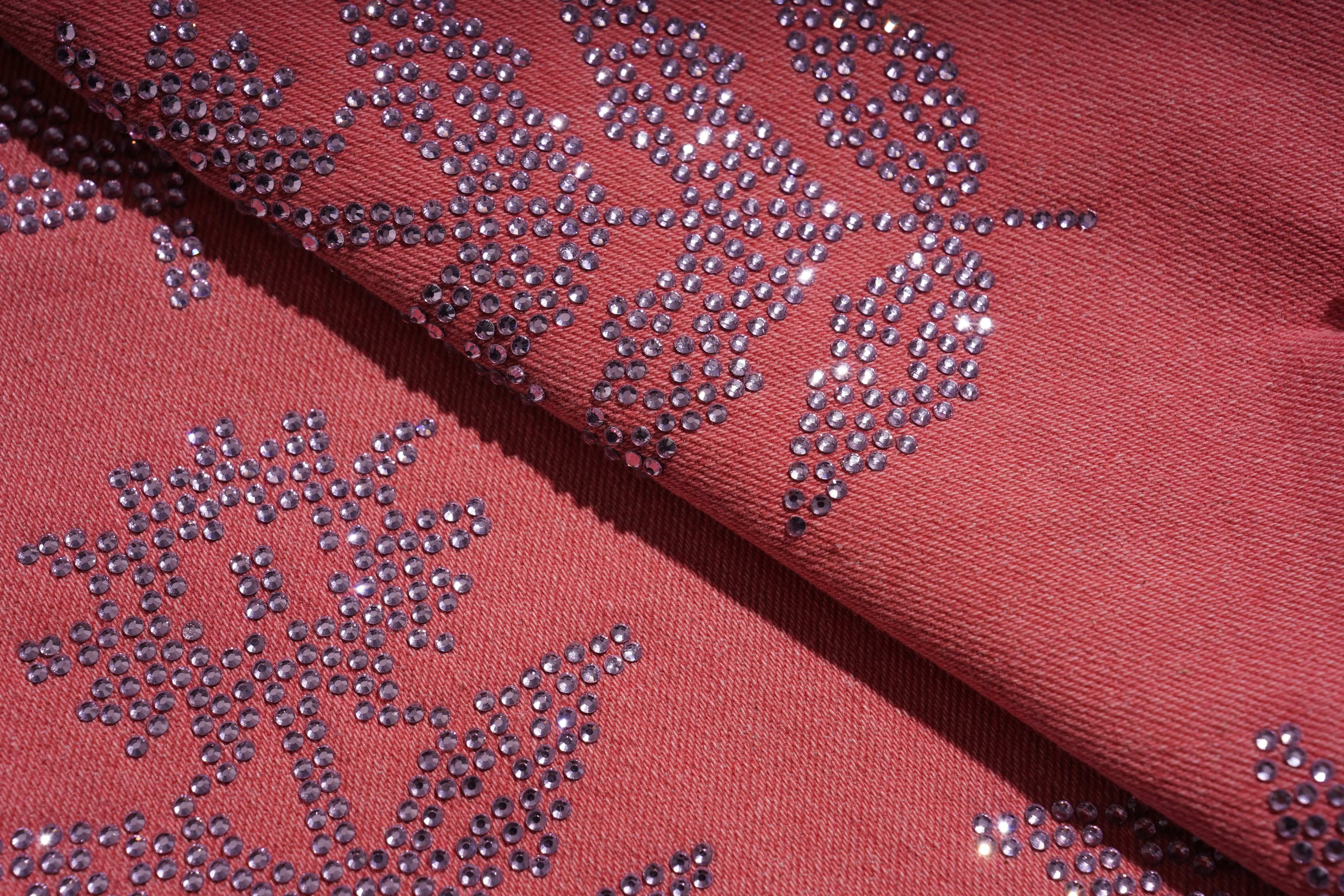 Red fabric with silver sequin patterns, TCH Silver Bouquet Rhinestone Pink Denim Jeans