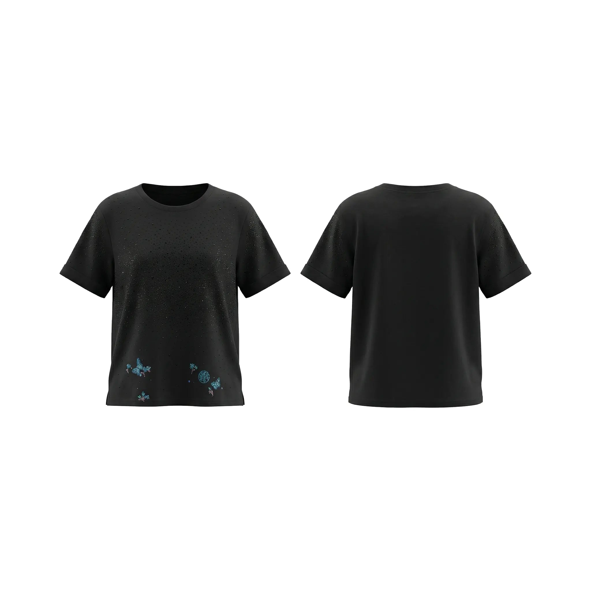 Black t-shirt shown from front and back on a white background, TCH Starry Gradient Rhinestone Butterfly T-Shirt