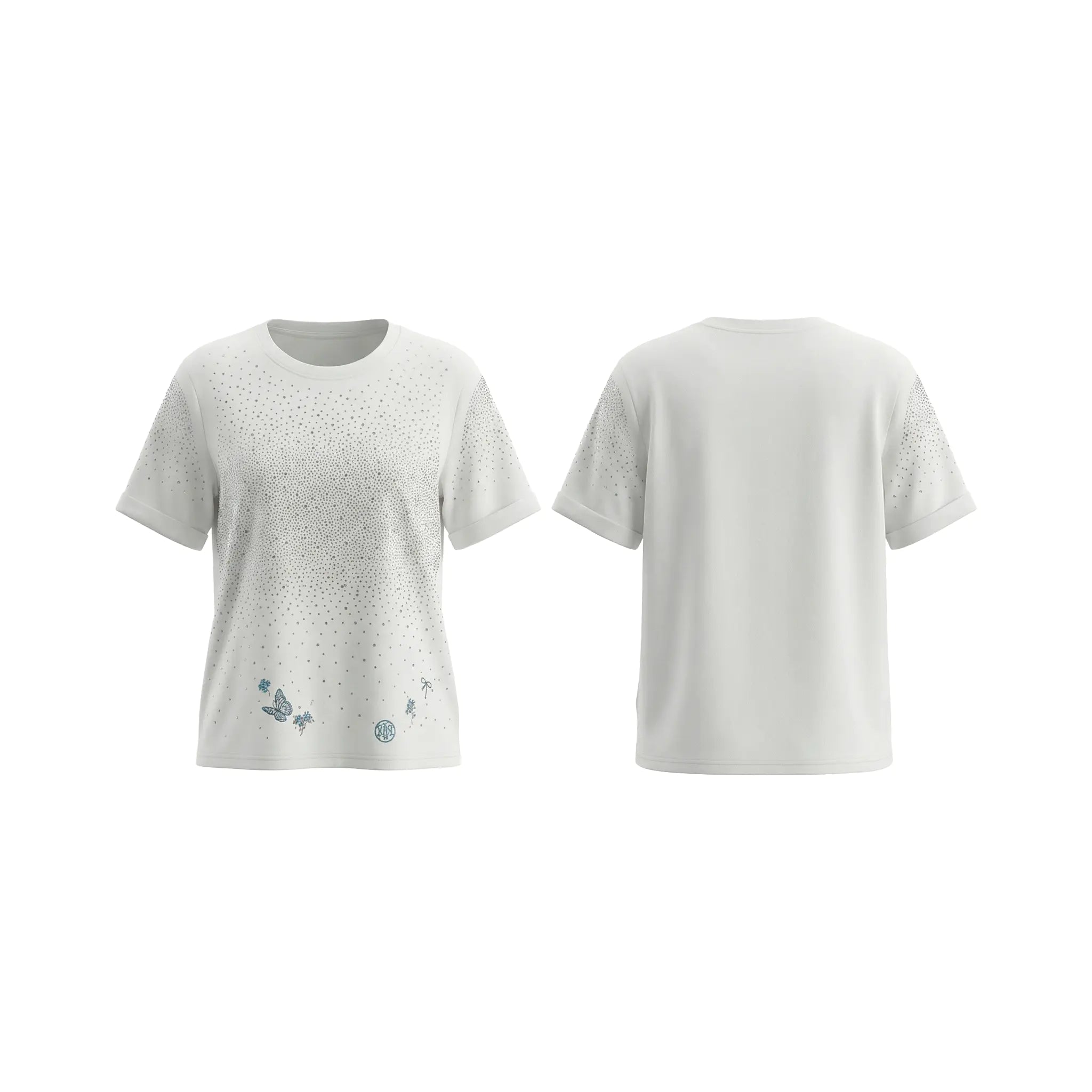 White t-shirt with small blue designs on a white background, TCH Starry Gradient Rhinestone Butterfly T-Shirt