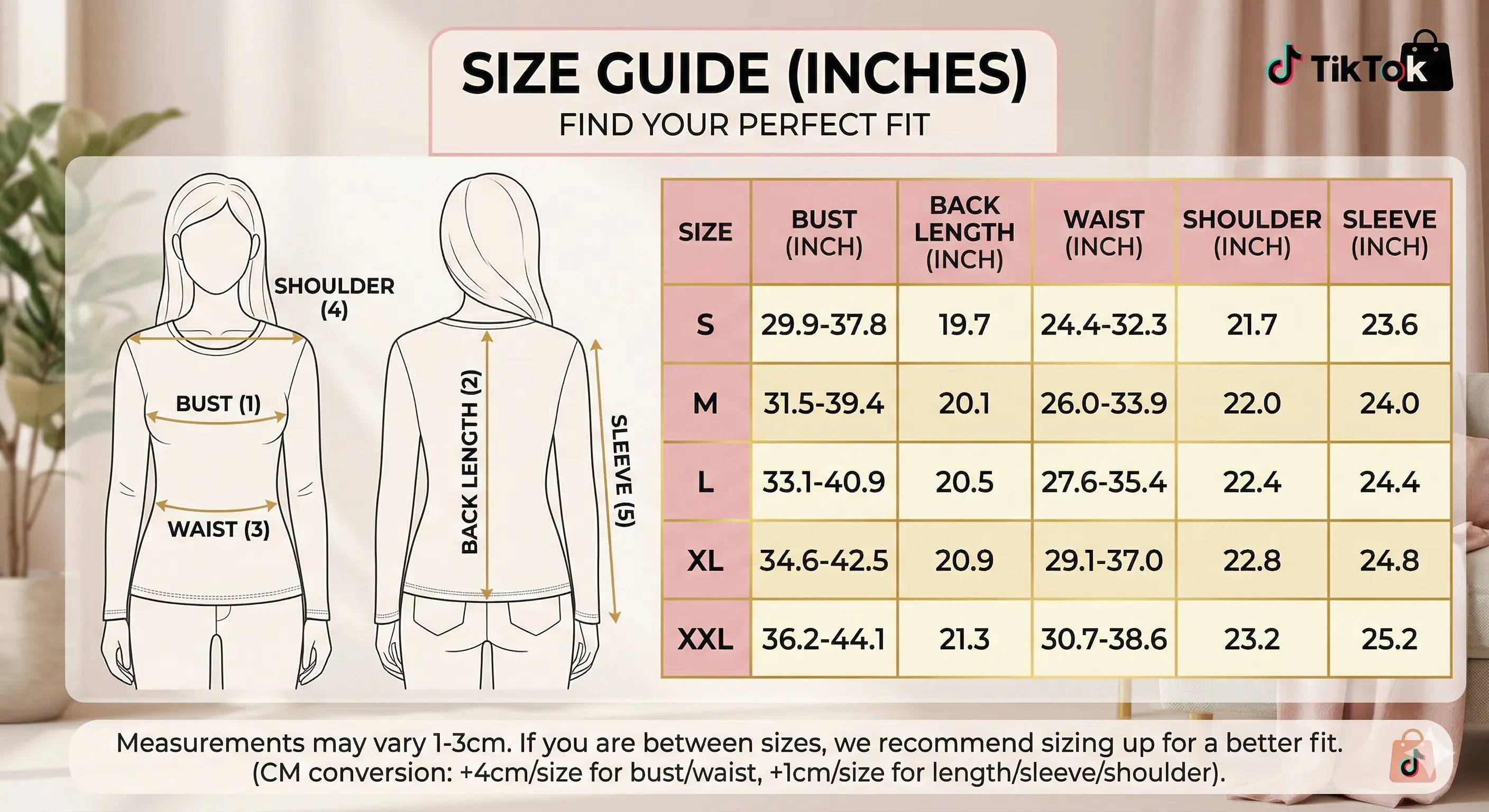 Size guide for clothing with measurements in inches, featuring a person and a table. TCH TECHNO Rhinestone Layered Typography T-Shirt