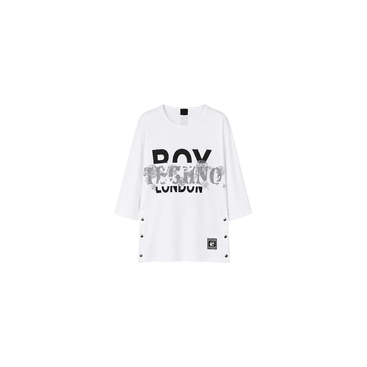 White long-sleeve shirt with text on a white background, TCH TECHNO Rhinestone Layered Typography T-Shirt