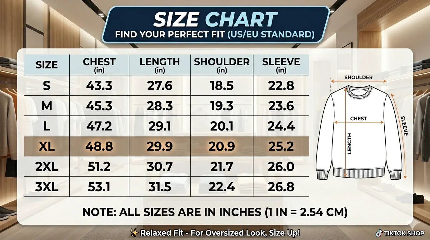 Size chart for clothing with measurements in inches, displayed against a blurred background of a store. TCH TECHNO Rhinestone Teddy Sweatshirt