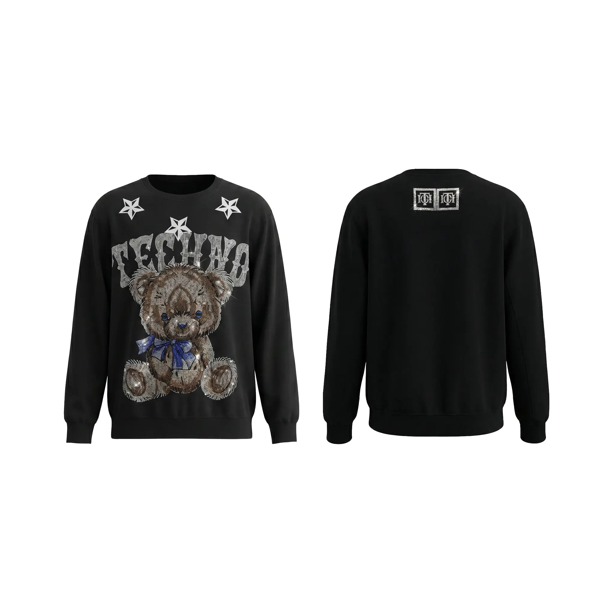 Black sweatshirt with teddy bear design and 'Techno' text on front, brand logo on back, TCH TECHNO Rhinestone Teddy Sweatshirt
