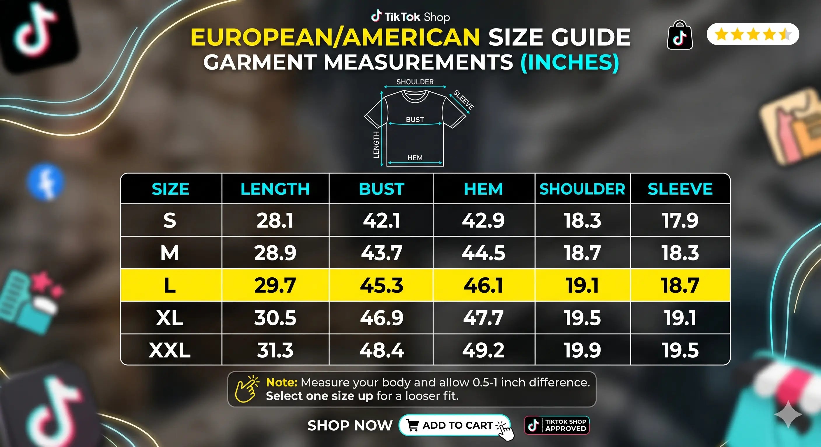 TikTok Shop European/American size guide for garment measurements in inches with a blurred background. TCH TECHNO Waterfall Rhinestone T-Shirt
