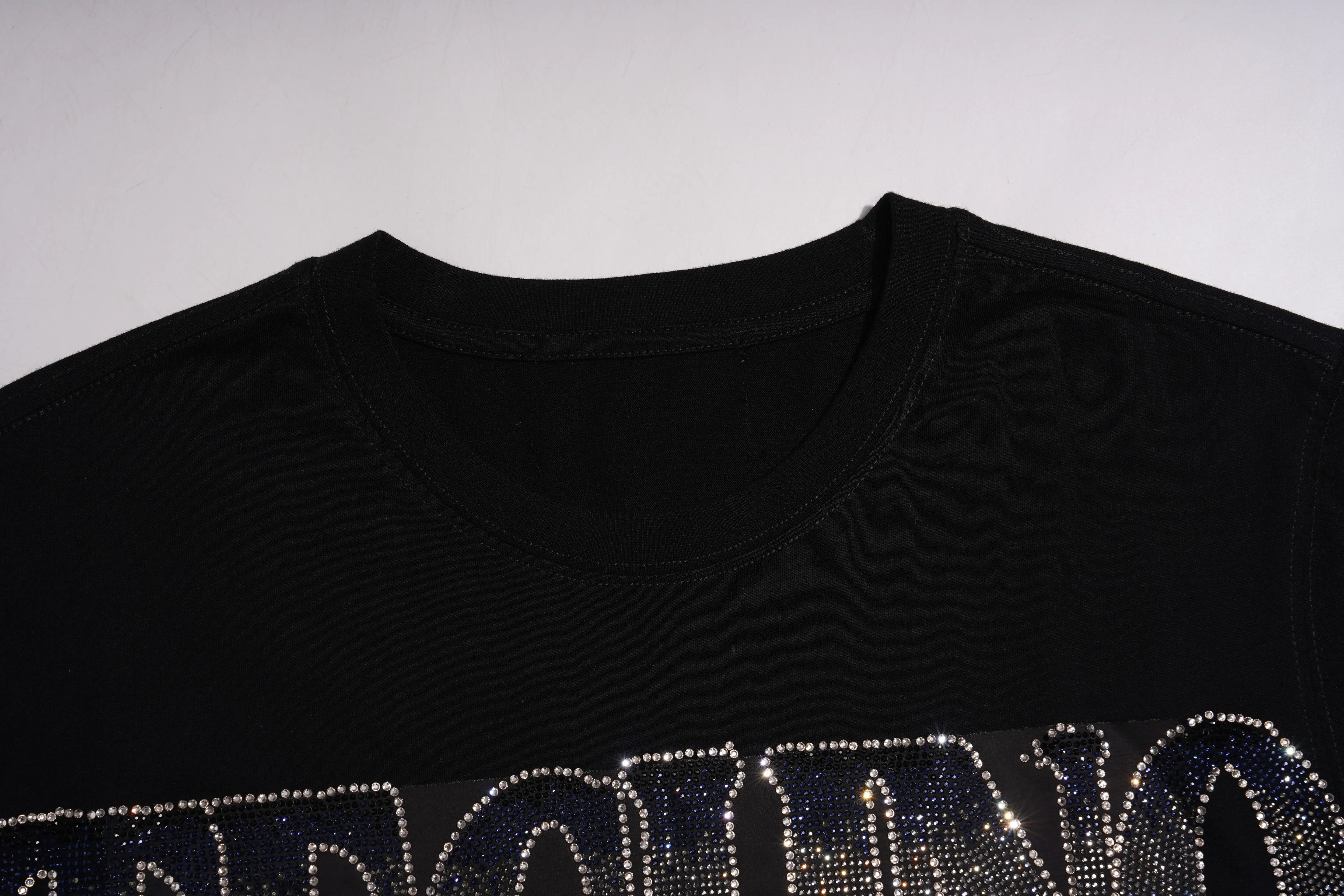 Black t-shirt with 'FREEDOM' in rhinestone letters on a white background, TCH TECHNO Waterfall Rhinestone T-Shirt