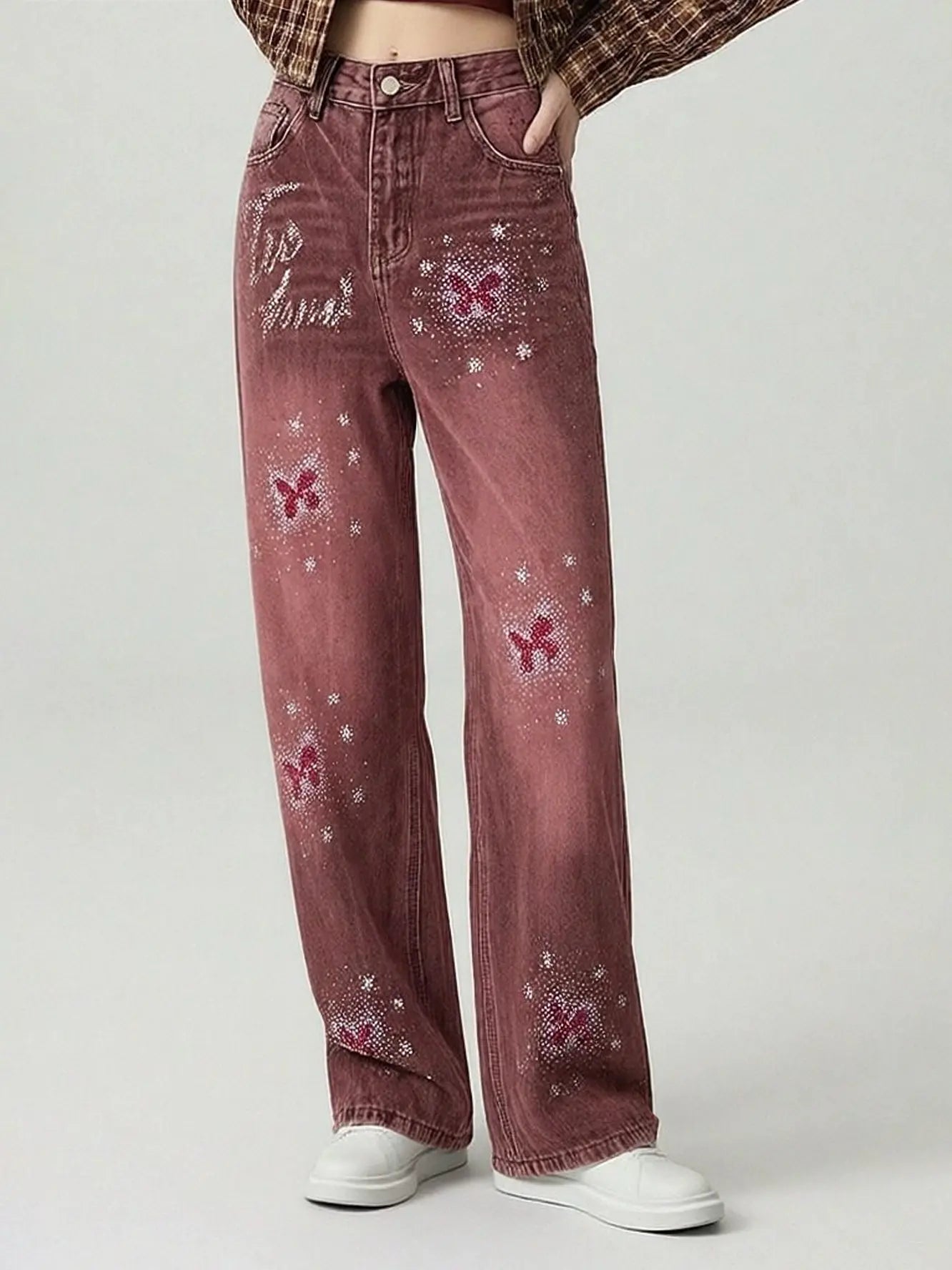 Maroon jeans with floral embroidery on a plain background, TCH Techno Butterfly Rhinestone Burgundy Jeans