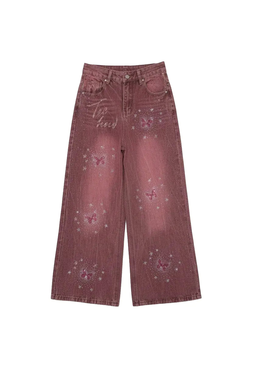 Maroon wide-leg jeans with decorative elements on a white background, TCH Techno Butterfly Rhinestone Burgundy Jeans