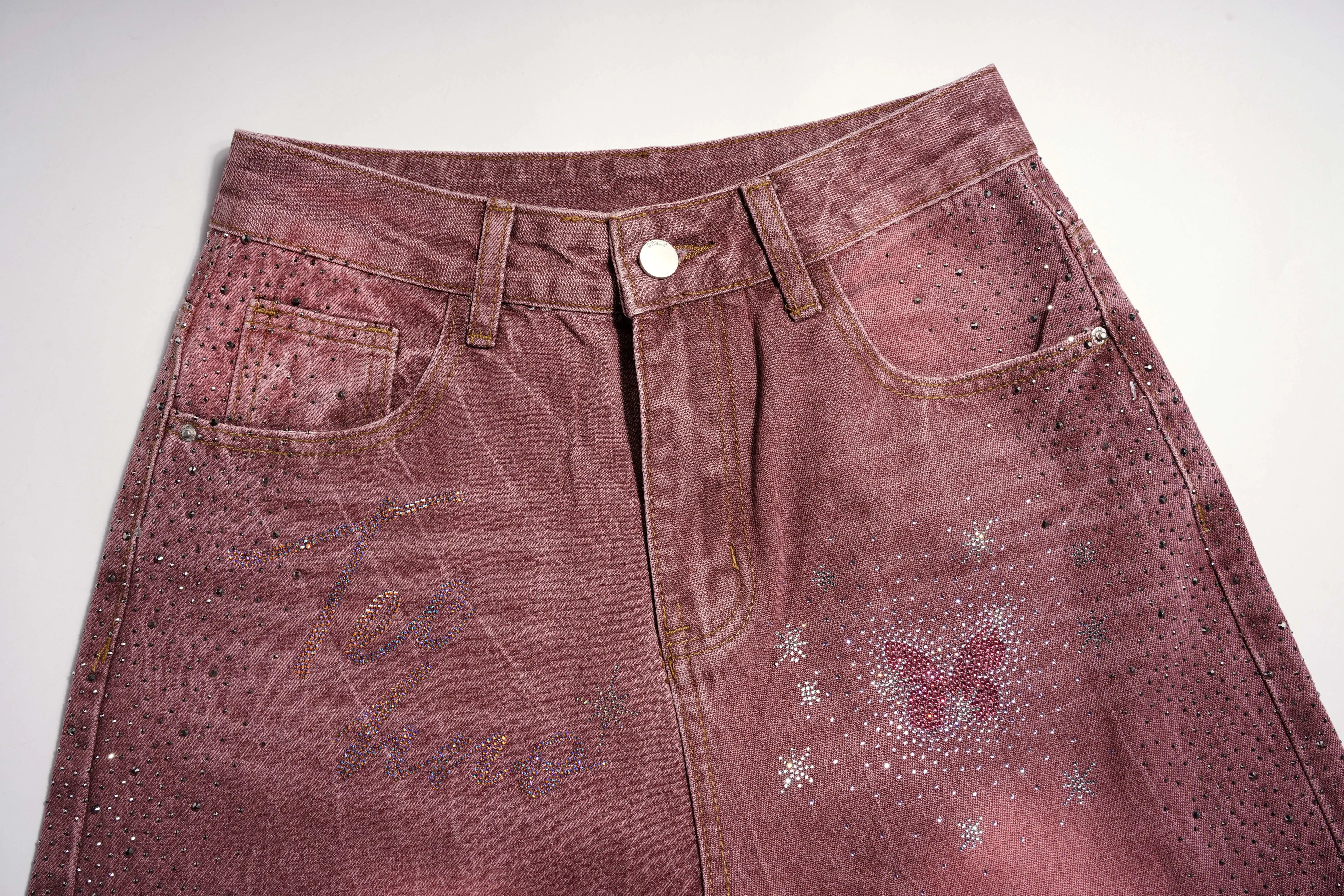Maroon denim skirt with decorative elements on a white background, TCH Techno Butterfly Rhinestone Burgundy Jeans