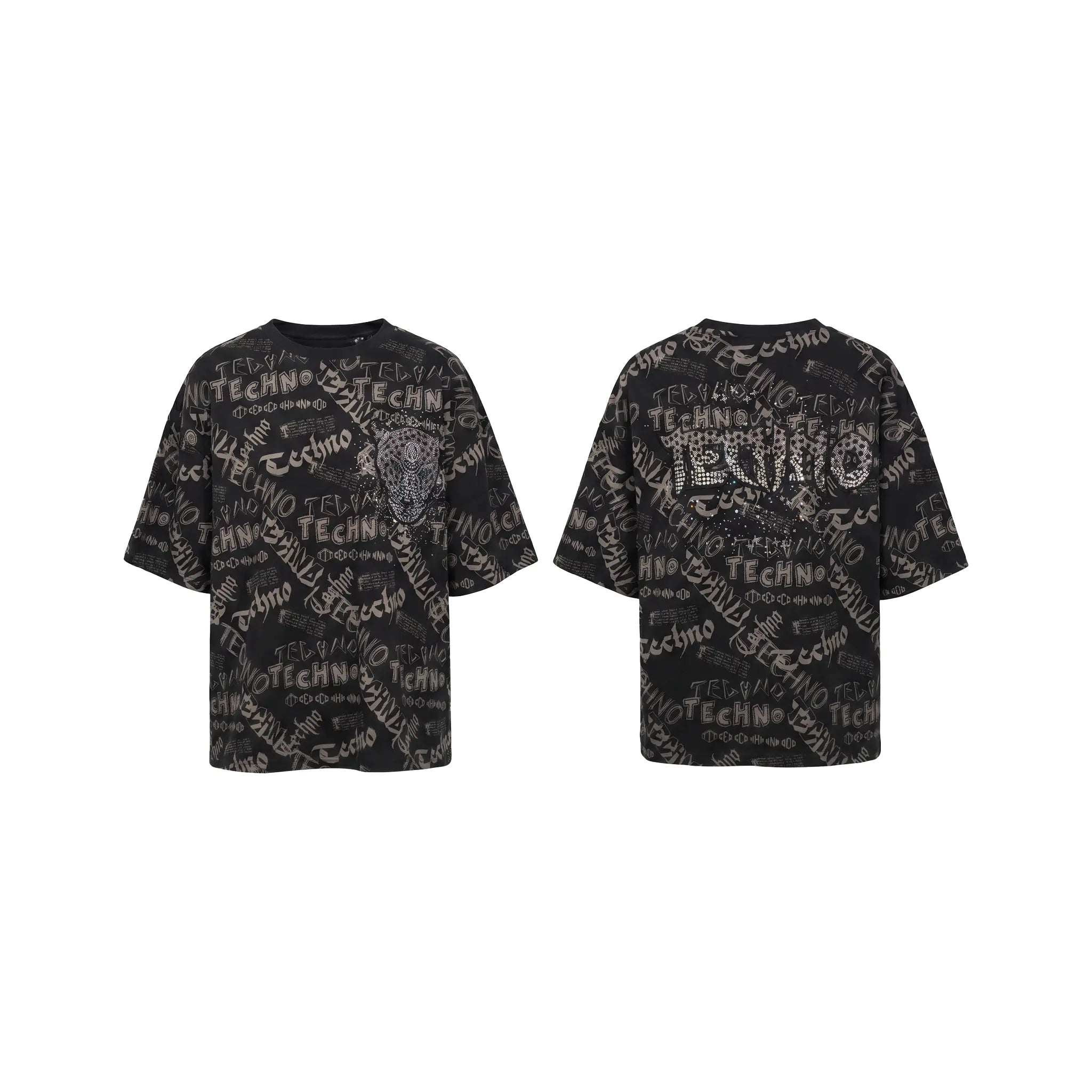 A black short-sleeve t-shirt with an all-over white graffiti-style text print, shown from both the front and back views against a plain white background. TCH Techno Graffiti Rhinestone Skull Oversized T-Shirt