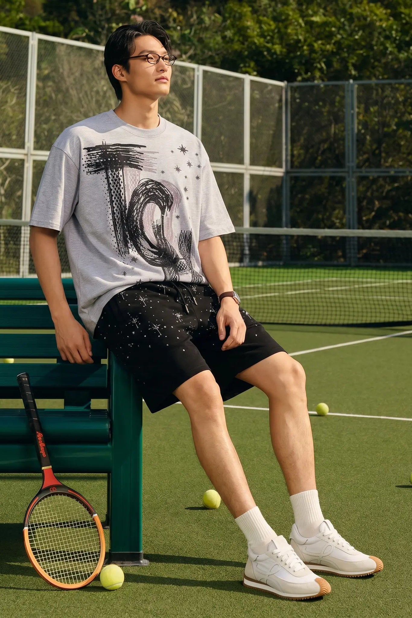 A man wearing a light gray graphic t-shirt, black shorts, white sneakers, and white socks sits on a green tennis court bench with a tennis racket and tennis balls on a green tennis court in the background. TCH Techno House Abstract Graphic Oversized T-Shirt