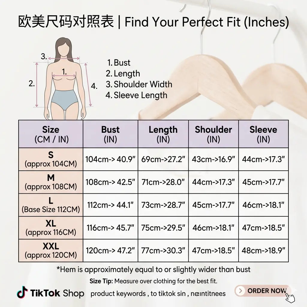 Measurement chart for clothing sizes with a person model and TikTok Shop branding. TCH Techno Rhinestone Graphic Oversize T-Shirt