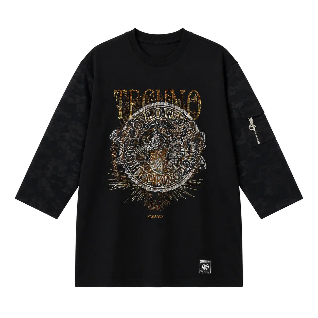 Black long-sleeve shirt with graphic design on a white background, TCH Techno Rhinestone Graphic Oversize T-Shirt