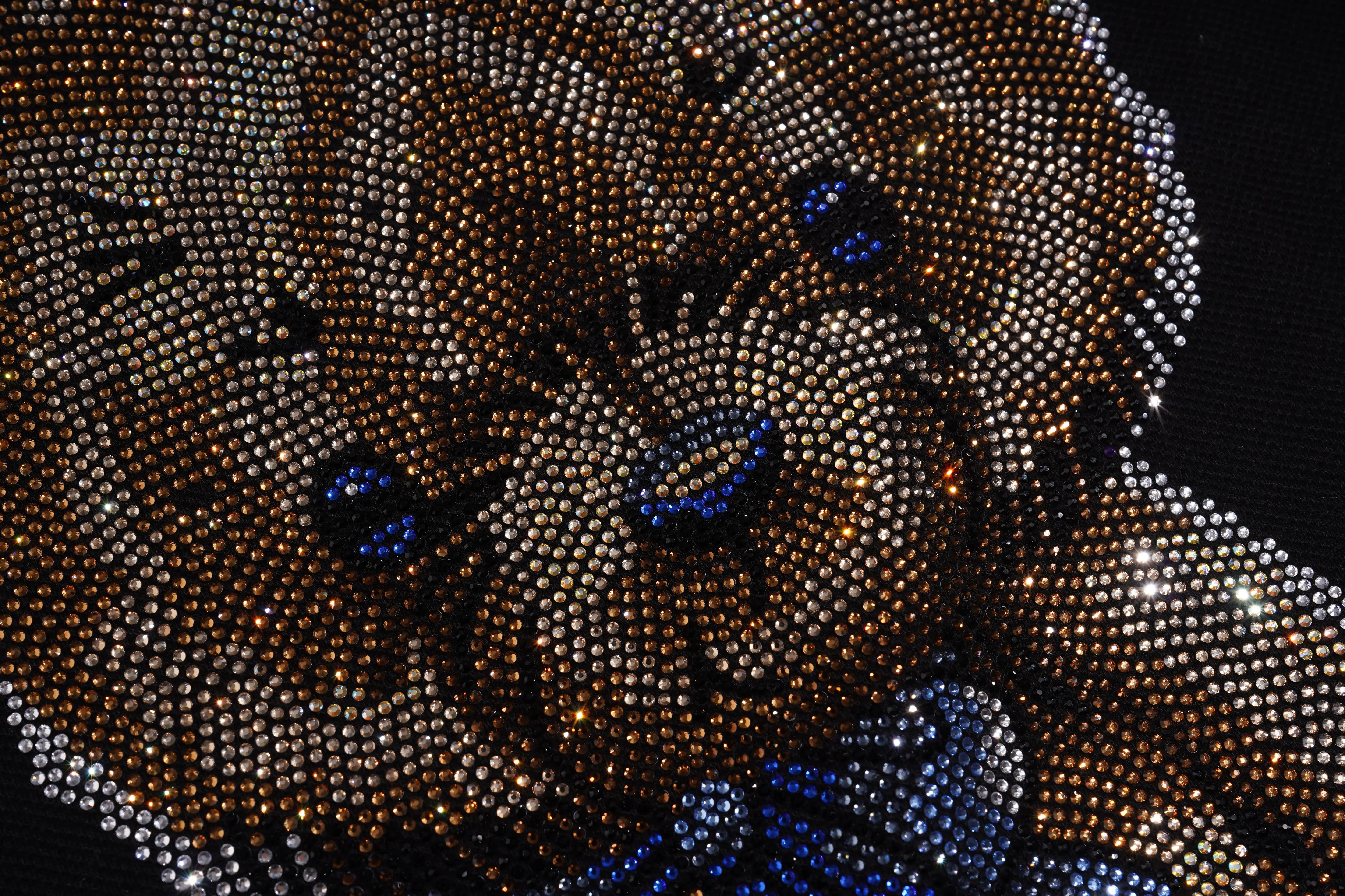 Close-up of a teddy bear made of rhinestones with blue eyes on a black background, TCH Techno Teddy Rhinestone T-Shirt