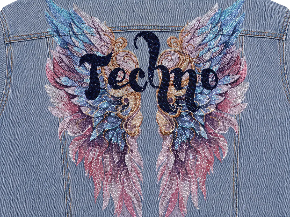 Close-up of the back of a light blue denim jacket featuring a large embroidered wing design in pink, purple, blue, and gold tones, with the word 'Techno' written across the center in dark script. TCH Techno Wings Rhinestone Graphic Denim Jacket