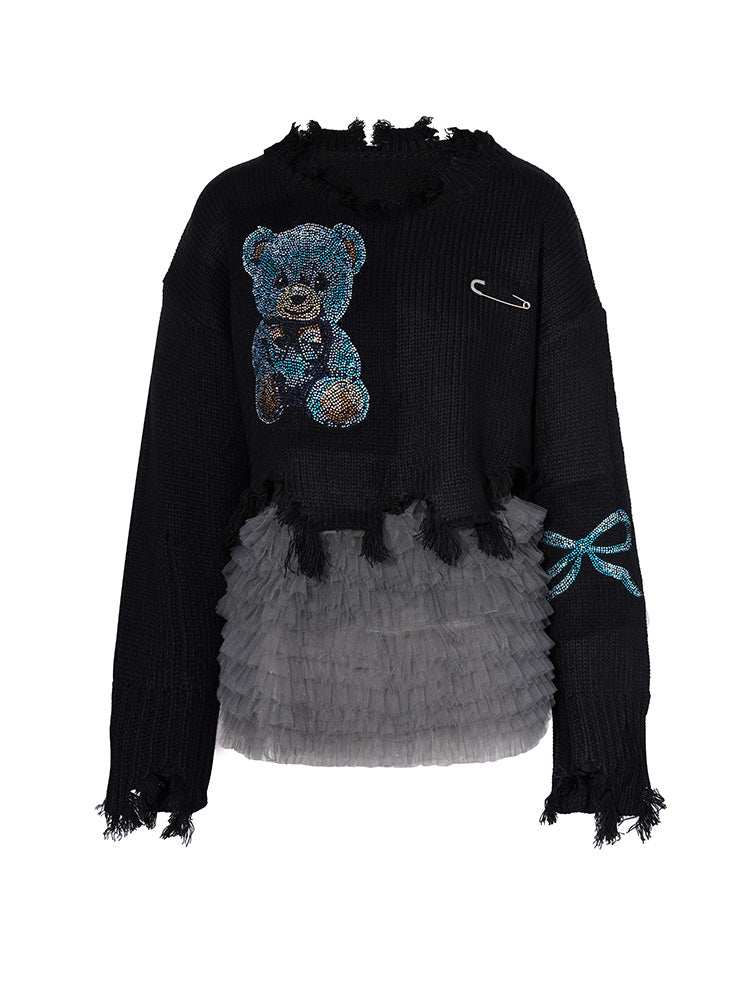 tch teddy bear rhinestone mesh contrast sweater black HighEnd Luxury Streetwear Brand Official Showcase