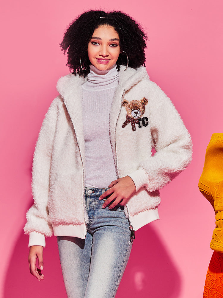 tch teddy bear rhinestone sherpa hooded jacket white HighEnd Luxury Streetwear Brand Official Showcase