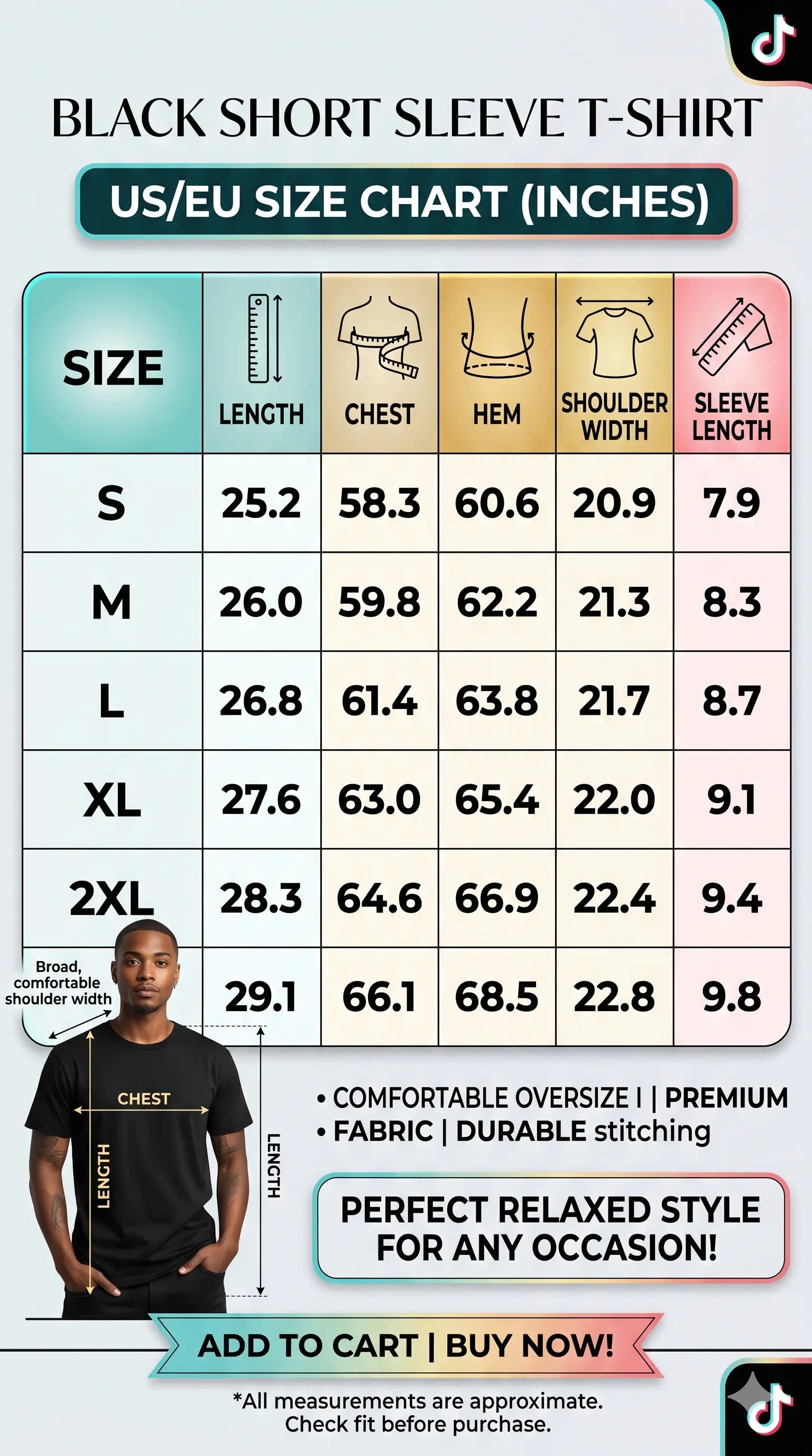 Black short sleeve t-shirt size chart with measurements and a model wearing the shirt. TCH Teddy Bear & Stars Rhinestone T-Shirt