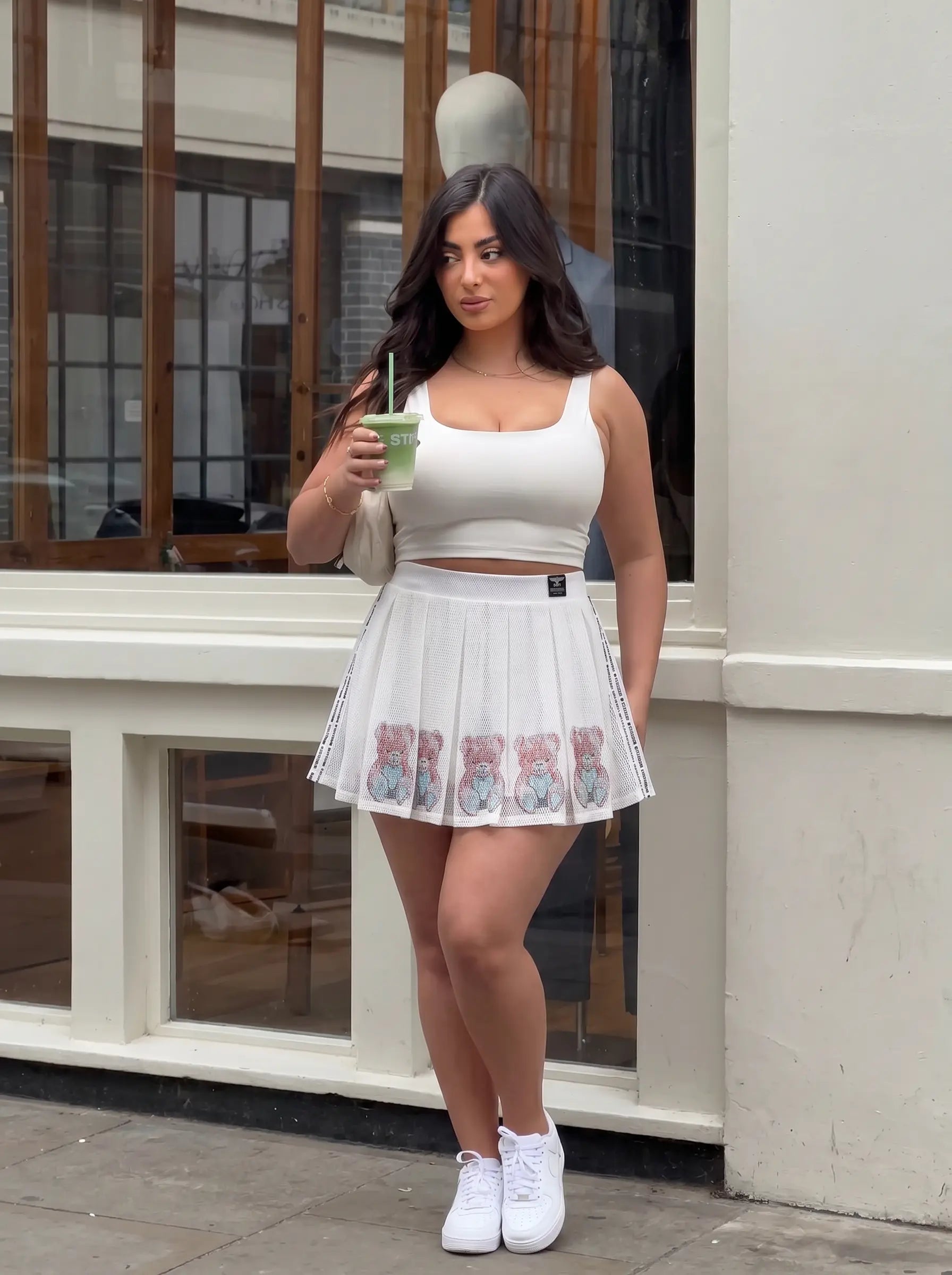 TCH Teddy Rhinestone Mesh Skirt Shorts White Streetwear Pleated Mini Skort Luxury Streetwear Brand Official Showcase