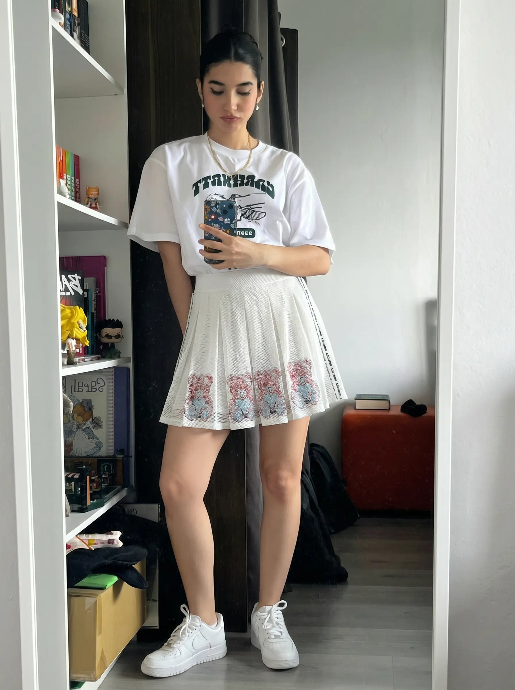 TCH Teddy Rhinestone Mesh Skirt Shorts White Streetwear Pleated Mini Skort Luxury Streetwear Brand Official Showcase
